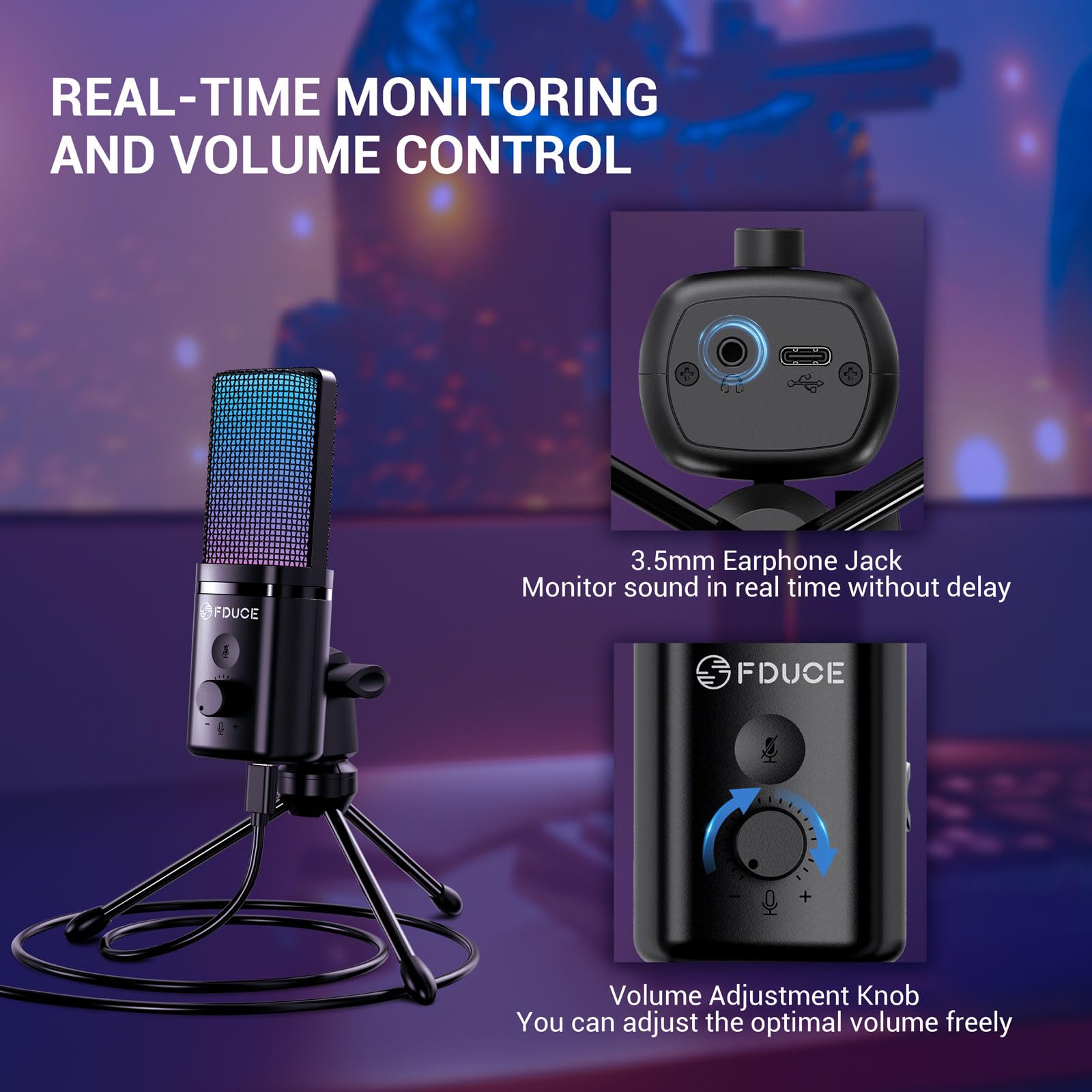 Fduce M160 Gaming Usb Microphone,Rgb Condenser Microphone With Tripod,Volume Adjustment And Mute Button Function,Compatible With