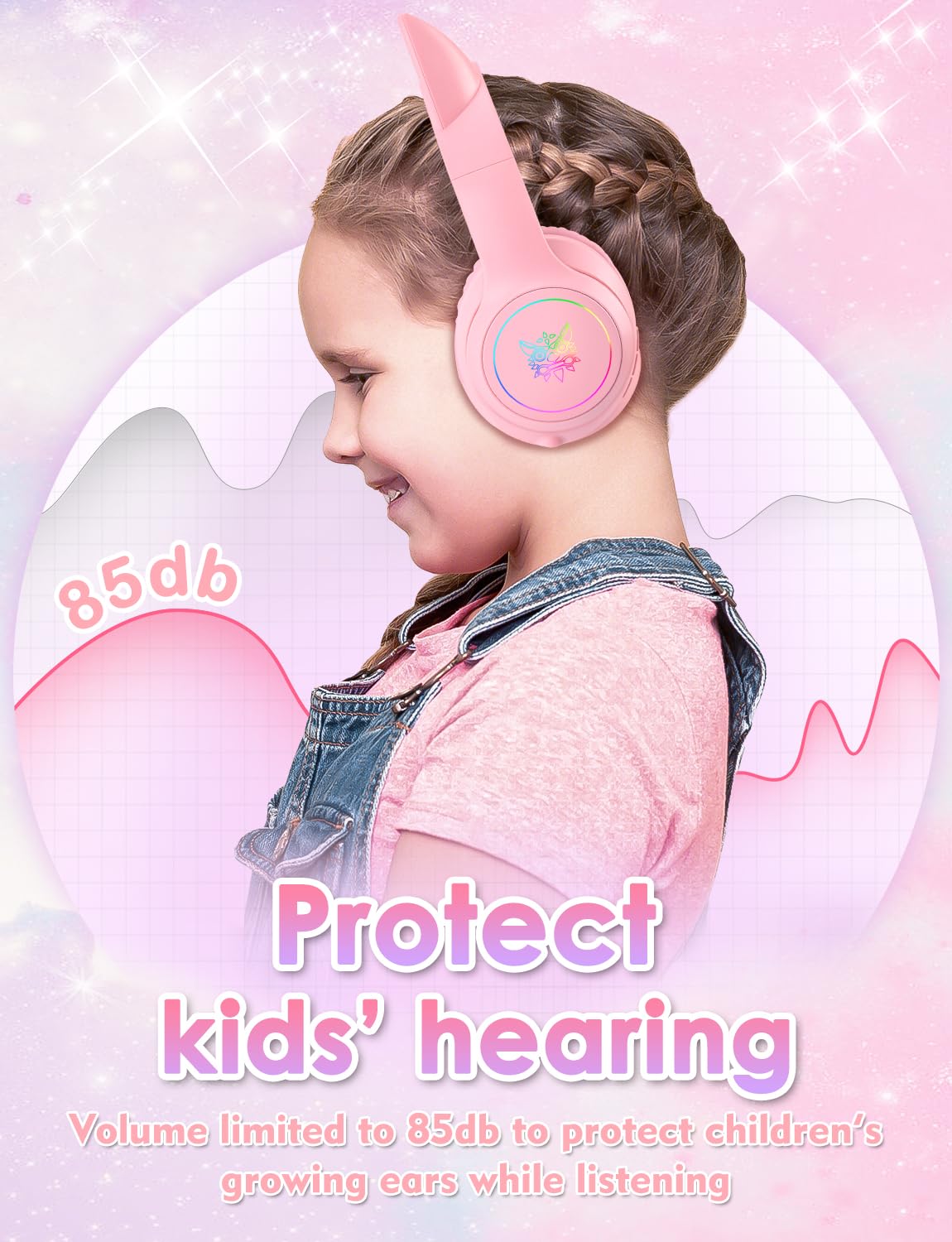 Bluetooth Kids Headphones With Microphone, Cat Ear Led Light Up And 85Db Volume Limited Toddlers Study Headphones, Wireless Fold