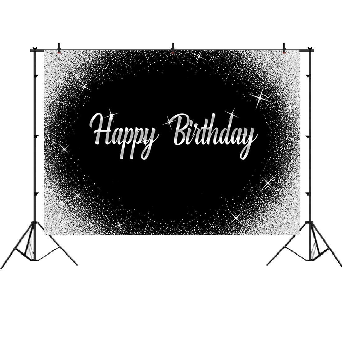 Happy Birthday Backdrop Glitter Silver Dots And Black Photography Background 7X5Ft Birthday Party Decorations Banner For Any Age