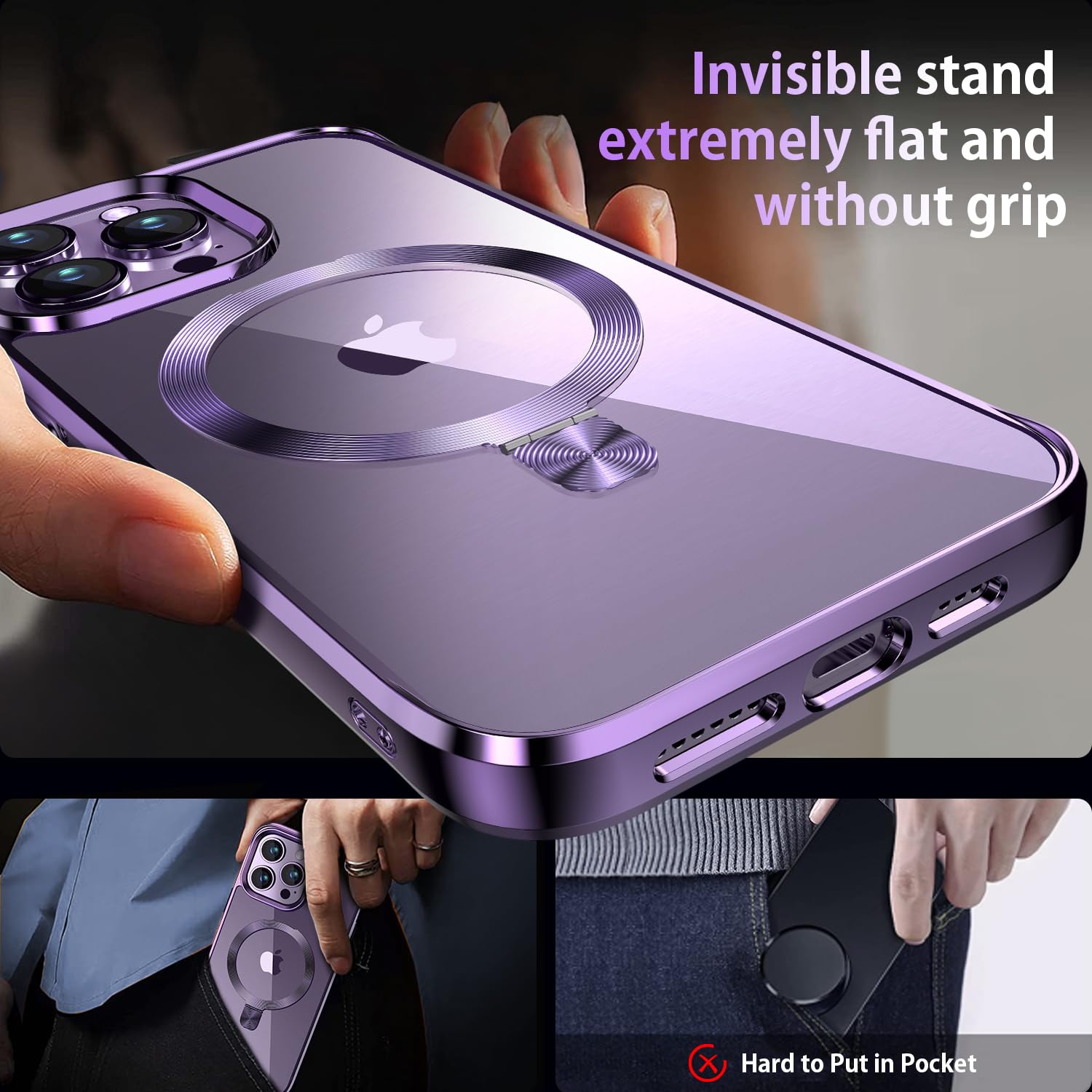 Tlikemiss [Cd Ring Compatible With Magsafe Invisible Stand] Magnetic For Iphone 14 Pro Case, [Electroplated Bumper Non Yellowing