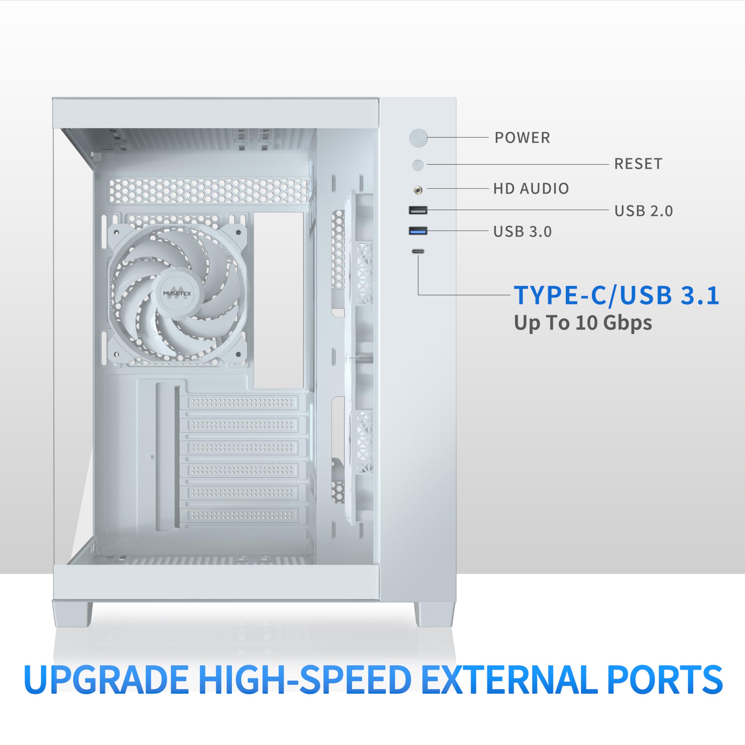 MUSETEX Y6 ATX Mid Tower PC Case - 6 PWM ARGB Fans, 360MM RAD Support, Tempered Glass, White, 16.54"D x 11.61