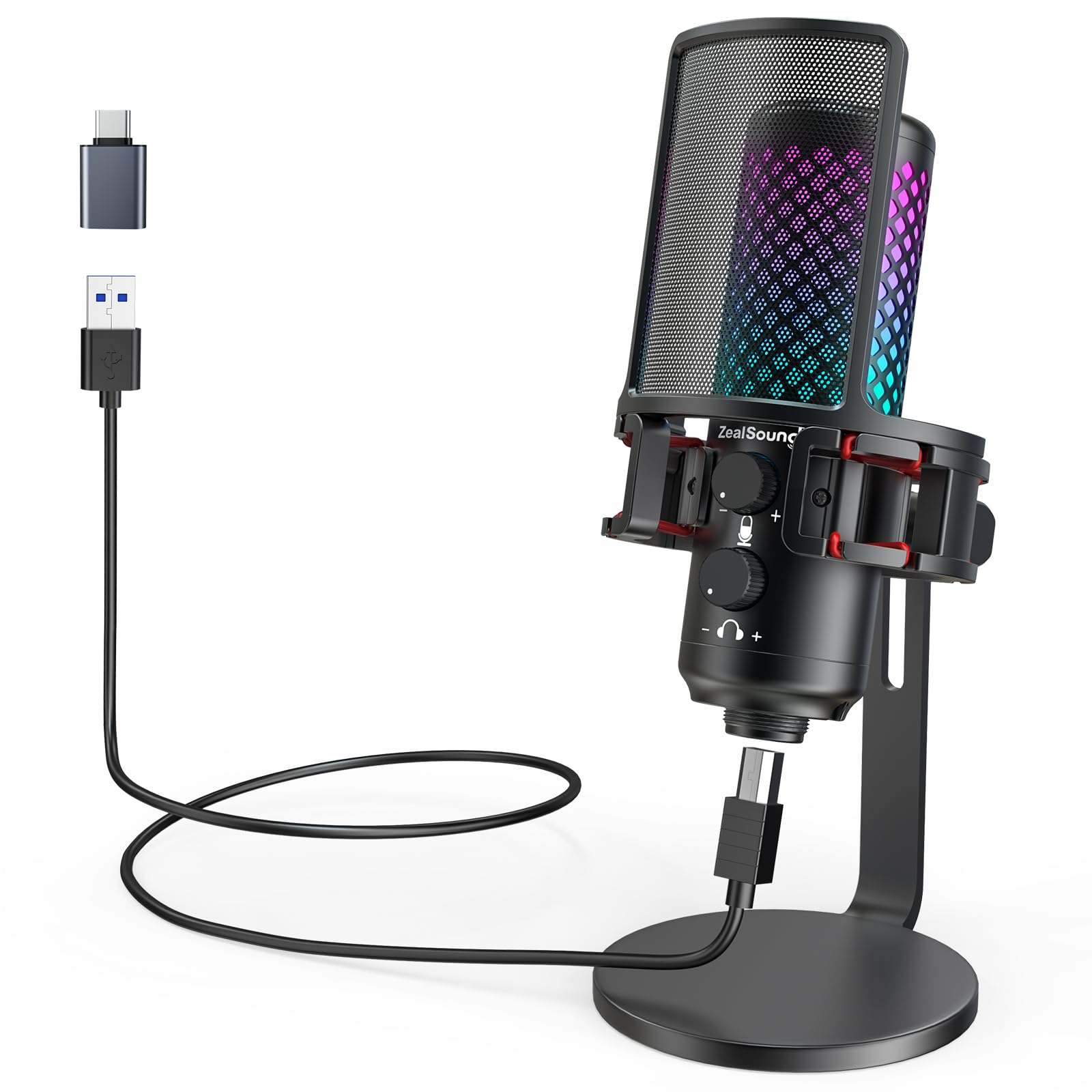 Zealsound Gaming Usb Microphone For Iphone Phone Pc,Metal Microphones With Quick Mute,Rgb Indicator,Pop Filter,Shock Mount,Gain