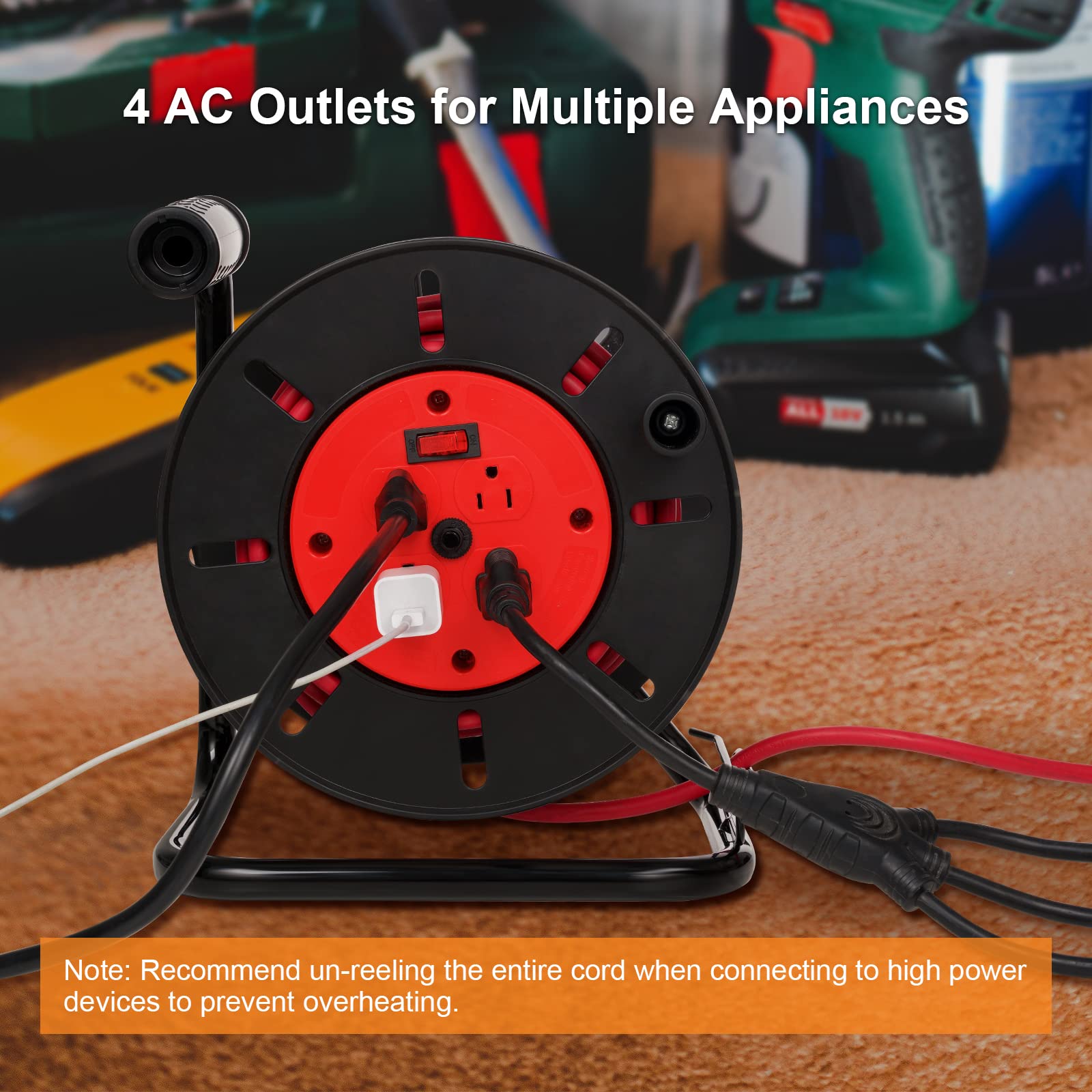 Suraielec Electric Cord Reel UACR004B, 4 Outlets, 15A Breaker, Hand Crank, Metal, Black, Holds 100ft 16/3 or 75ft 12/3 Gauge Cord