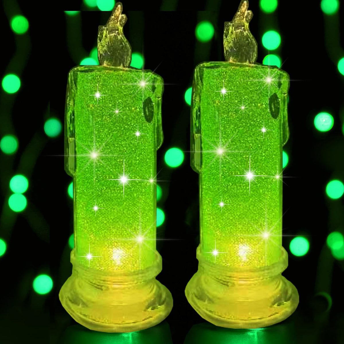 Haidoliang 2Pcs Green Led Flameless Candles (D:2.5'' X H:7''),Led Pillar Candles, Battery Included, Velas Artificiales Para Deco