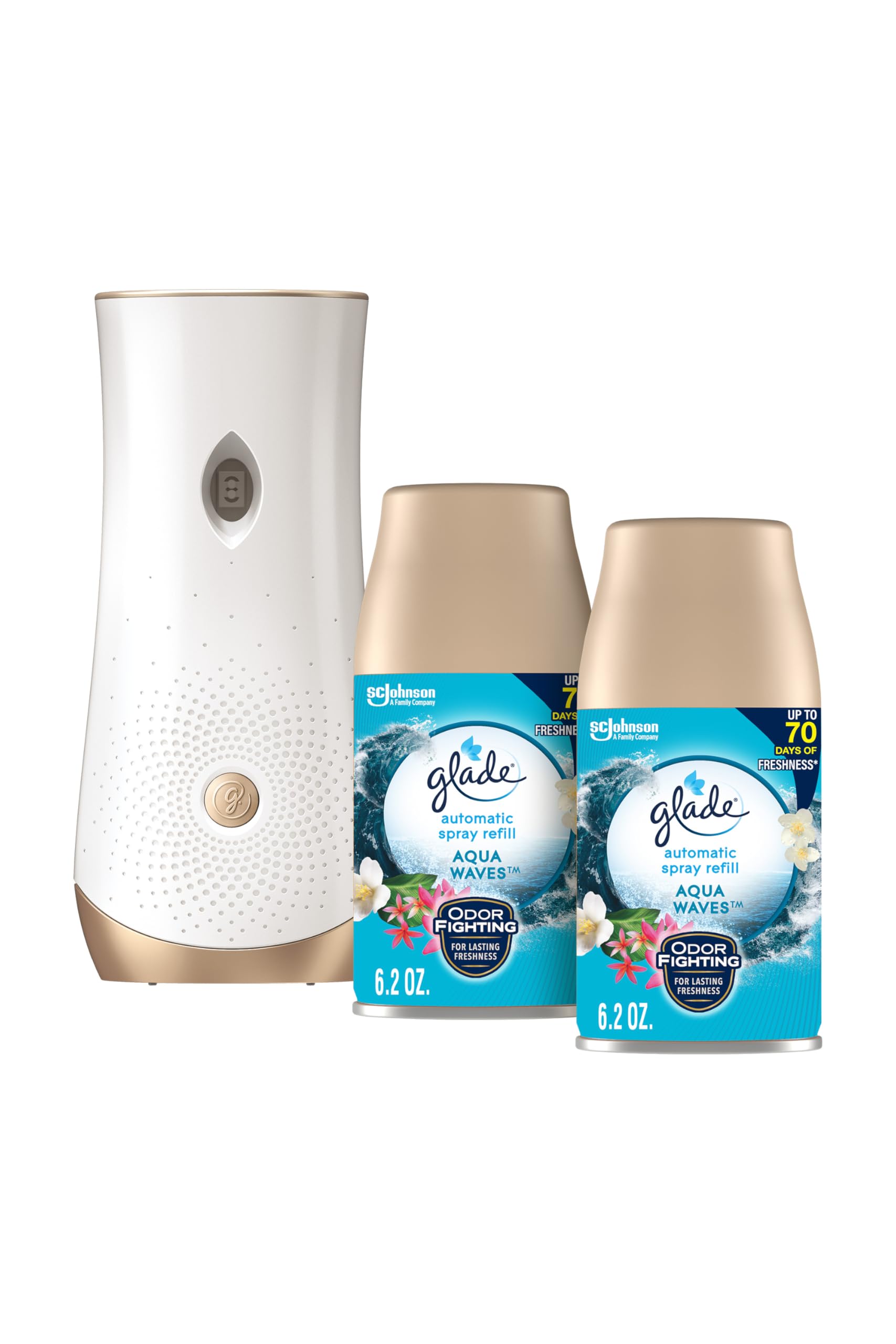 Glade Automatic Spray Refill And Holder Kit, Air Freshener For Home And Bathroom, Aqua Waves, 6.2 Oz, 2 Count