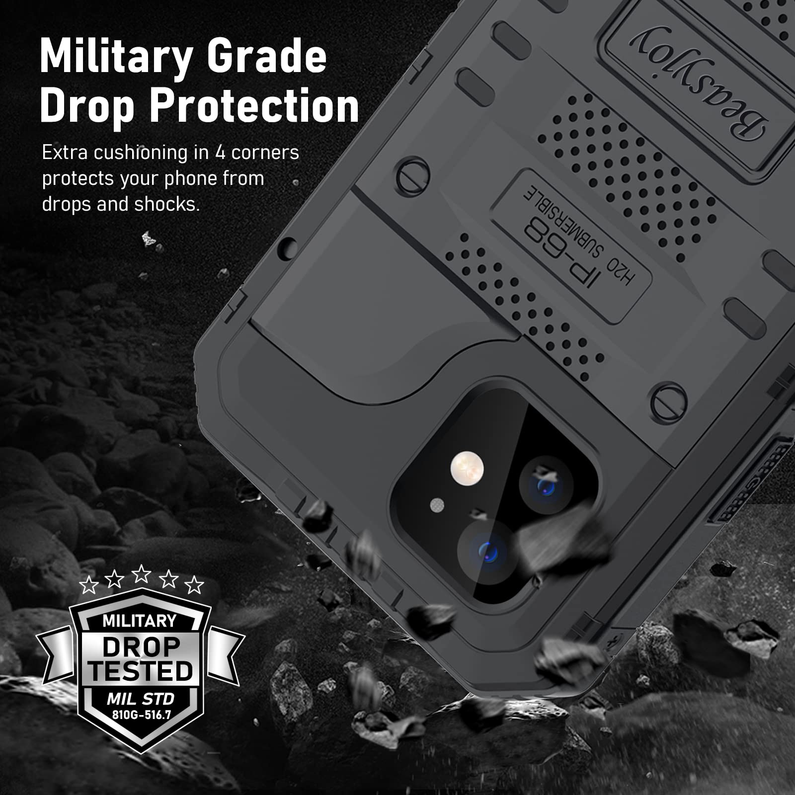 Beasyjoy For Iphone 12 Case Waterproof, Metal Military Grade Shockproof Case With Built In Screen Protector, Full Body Protectiv