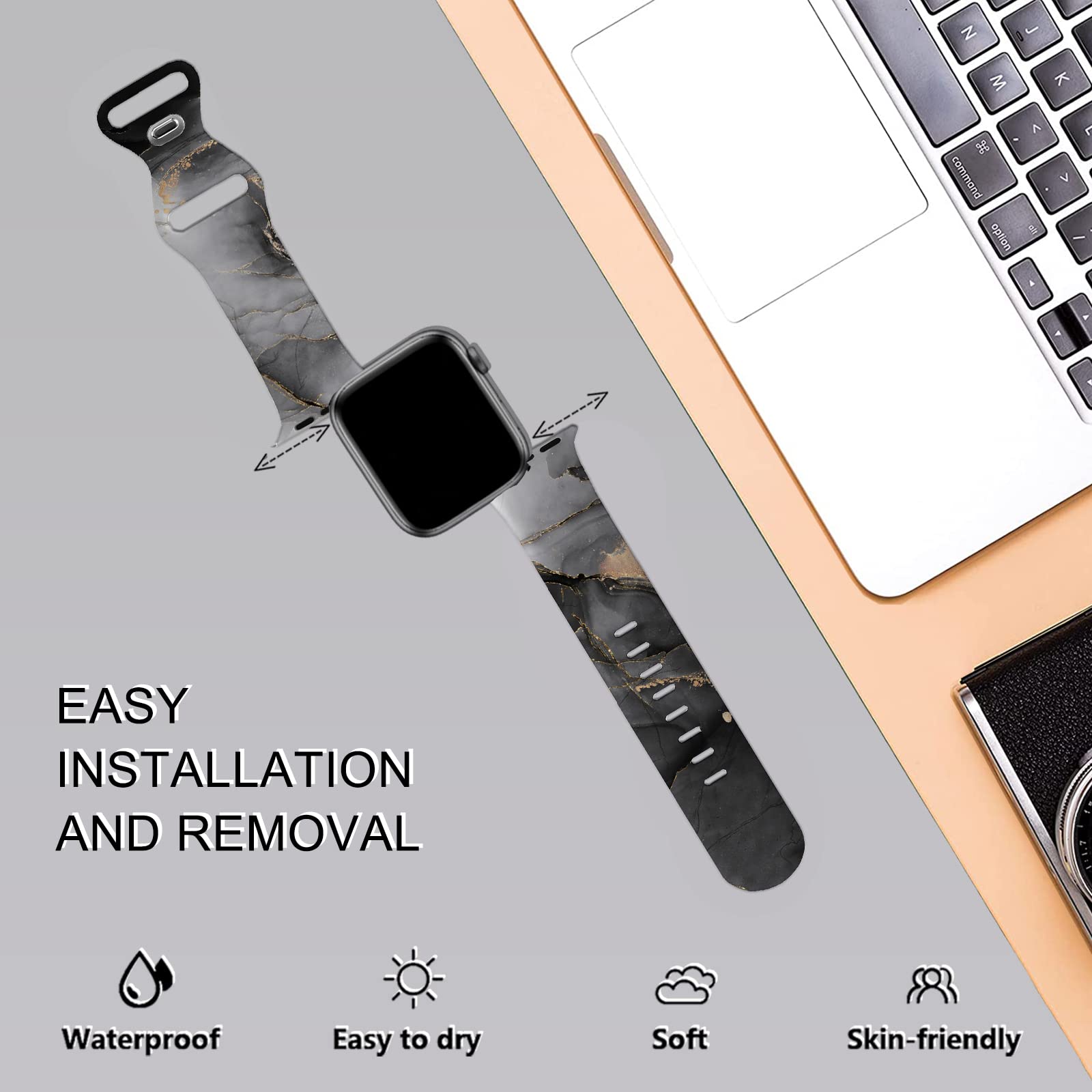 Sport Bands Compatible With Apple Watch Band 38Mm 40Mm 41Mm Women Girls,Black Gold Grey Marble Design Watch Band Silicone Wristb