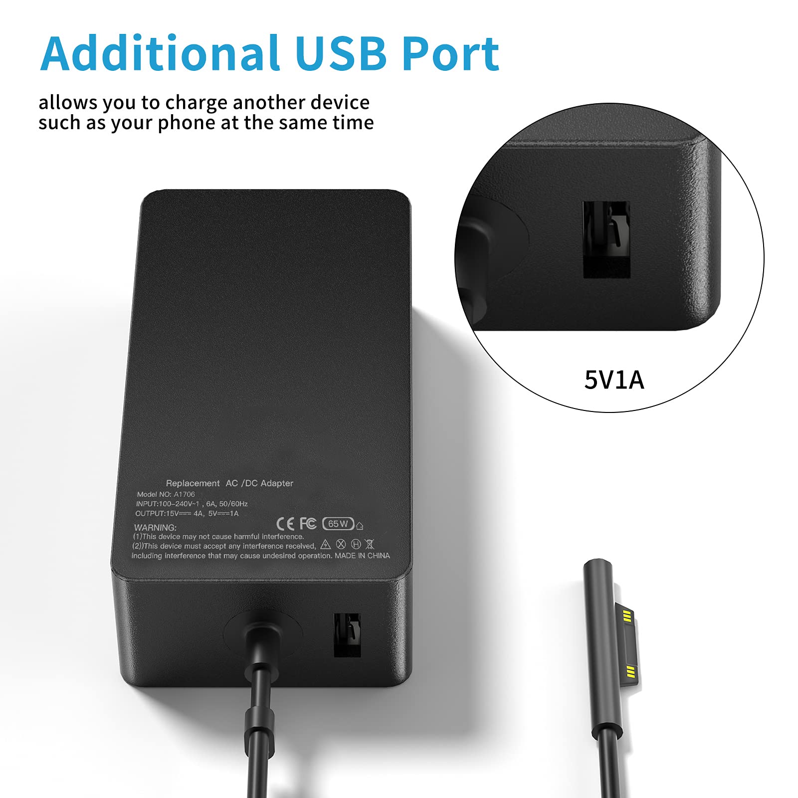 Surface Pro Charger Surface Laptop Charger 65W, For Surface Pro 9/8/7/6/5/4/3/X Surface Go 3/2/1 Surface Laptop 5/4/3/2/1 Surfac