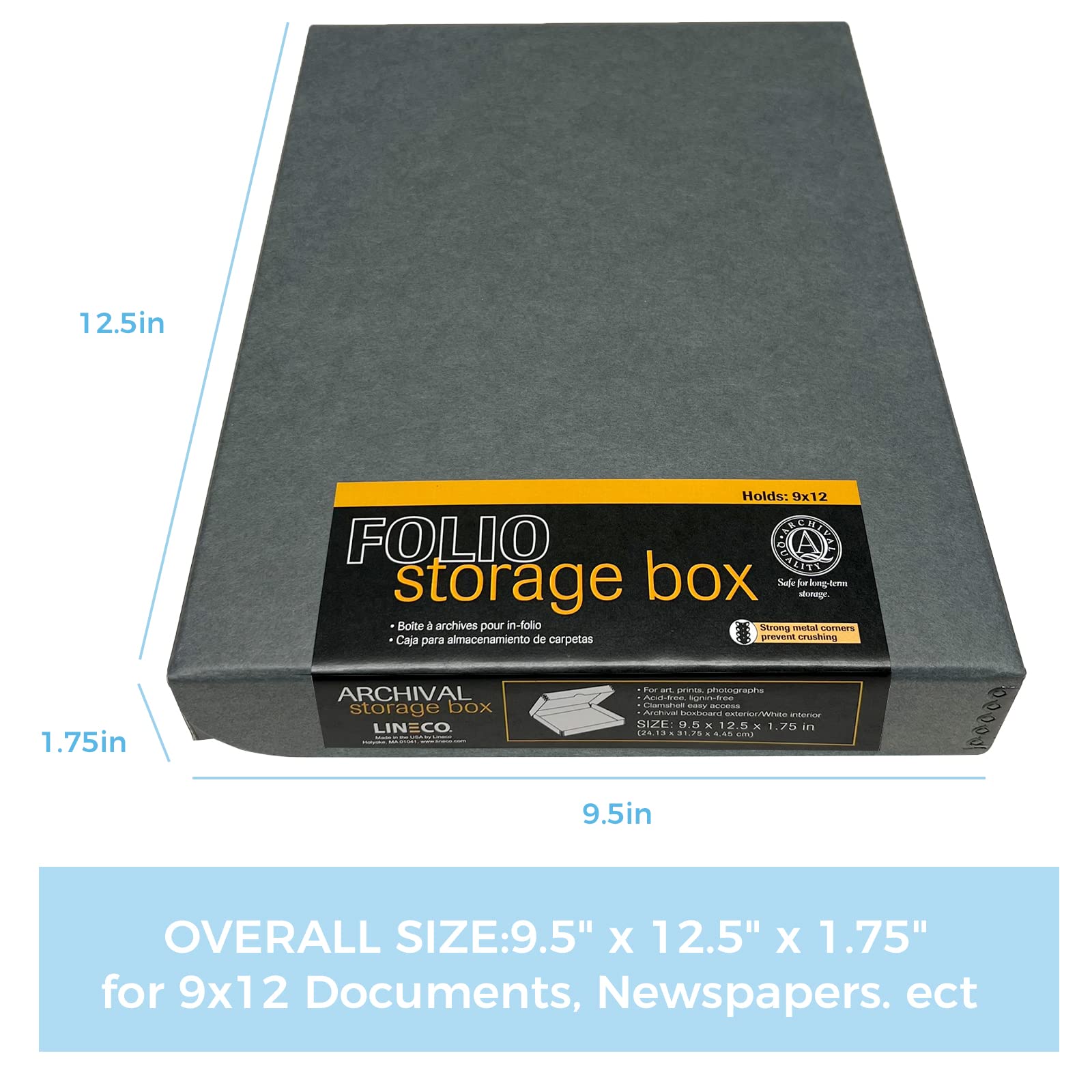 Lineco Folio Storage Box, Clamshell Design With Metal Edge. 9.5X12.5X1.75, Archival Boxboard, Preserve Photos, Prints, Cards, Magazines, Documents, Art, Ephemera, Family Records, Gray, Pack Of 2