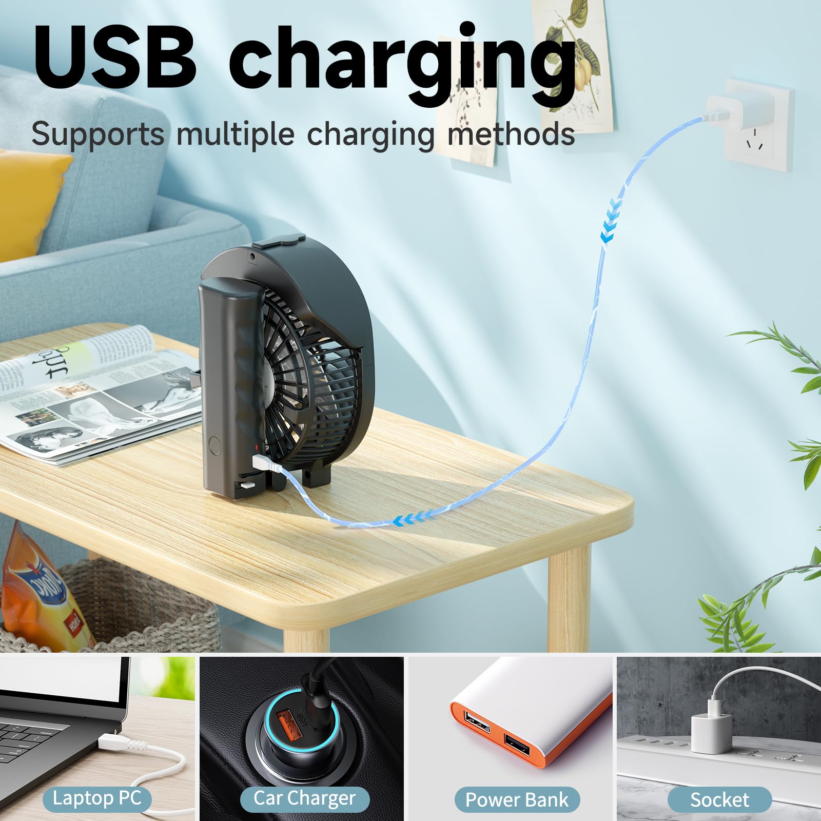 Handfan Handheld Fan, Water Cooled, Usb Rechargeable Battery, With 3 Speeds Mini Table Fan 2 In 1 With Laptop Sockets For Travel