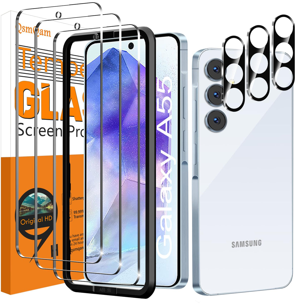 Qsmqam 3 Pack Screen Protector For Samsung Galaxy A55 + 3 Pack Camera Lens Protector, Ultra Hd Tempered Glass, 9H Hardness, Anti