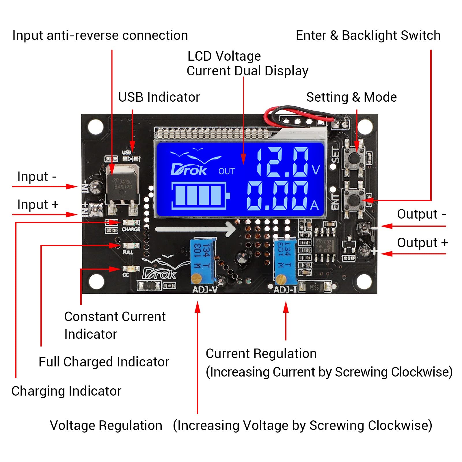 Drok Voltage Boost Converter, Dc 6 30V 5V Step Up To Dc 7 32V 12V 24V 5A Adjustable Volt Regulator, Lcd Power Supply Module Volt
