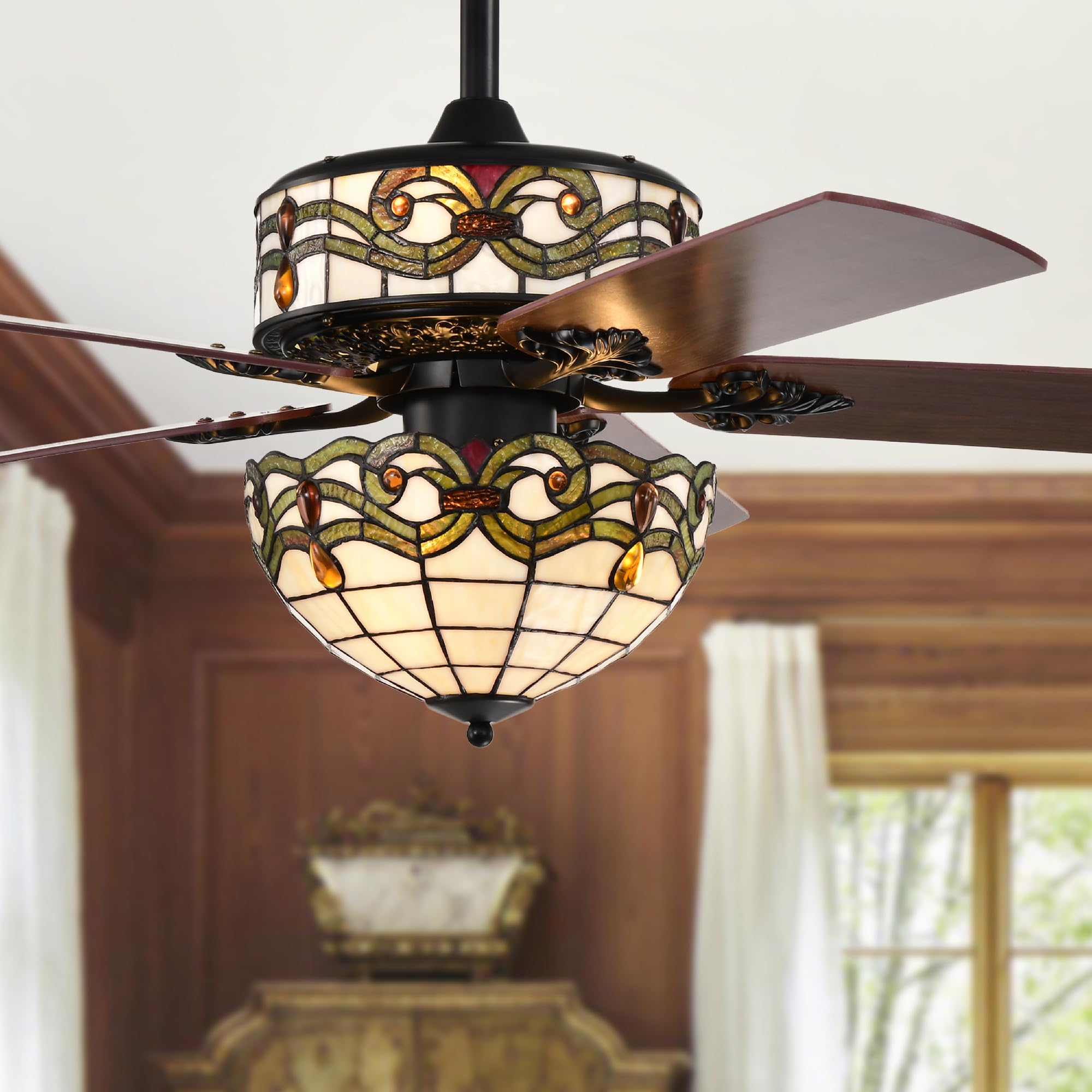 Home Accessories Elke Black Tiffany Style Two Tiered Lighted Ceiling Fan White and Green Shade with Remote Control