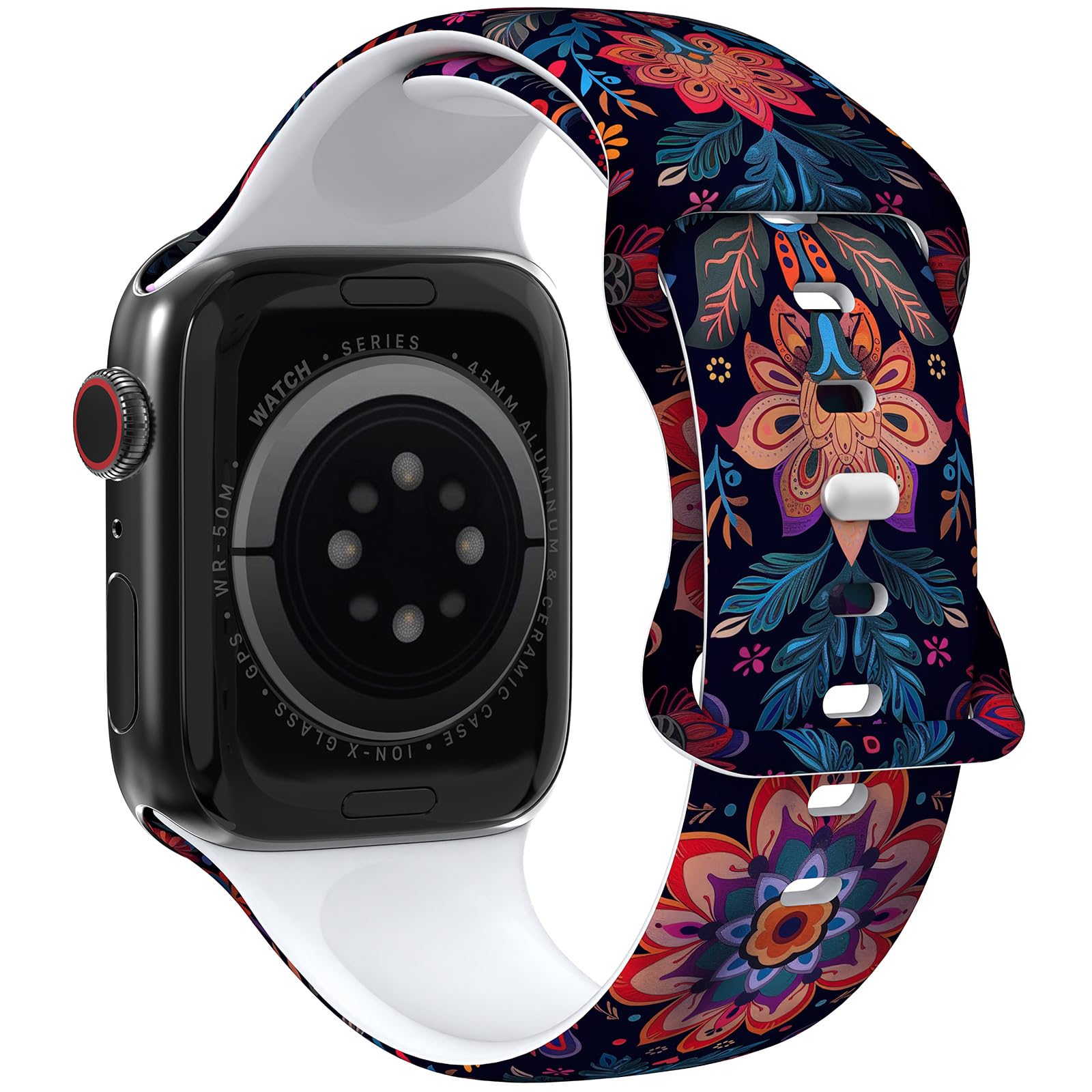 THONWO Floral Design Watch Band Compatible with Apple Watch Bands 38mm 40mm 41mm 42mm 44mm 45mm 46mm 49mm , Soft Silicone Sport 