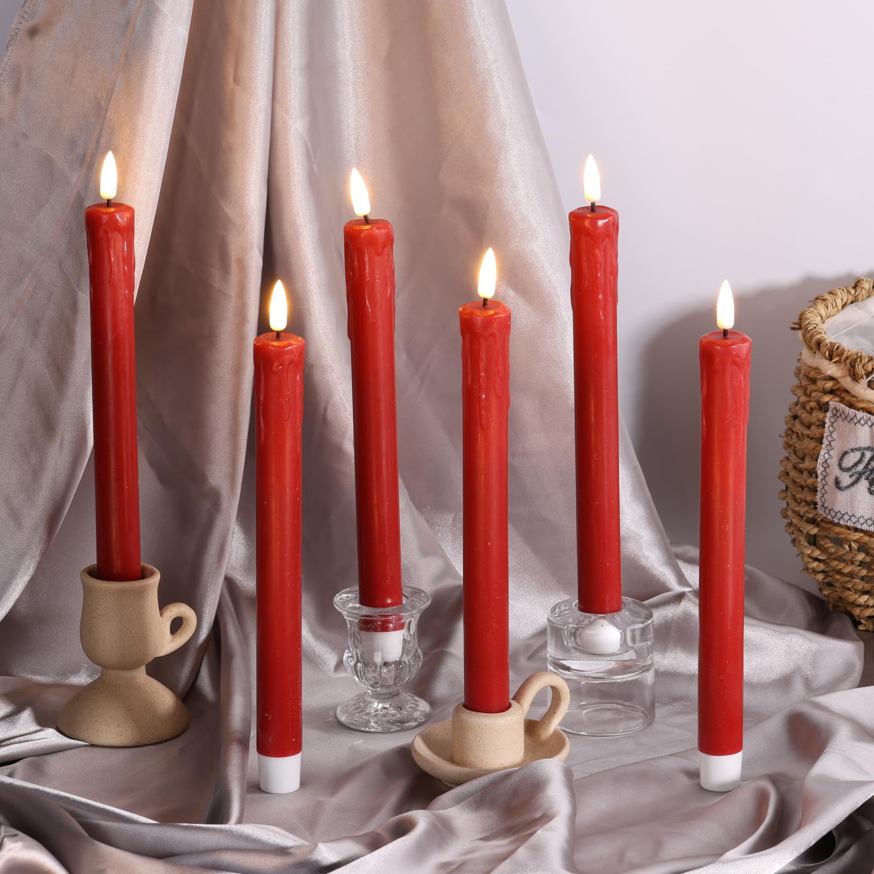 Girimax Red Dripping Wax Flameless Taper Candles With Remote, Flickering Realistic Led Candlesticks Battery Operated Set Of 6