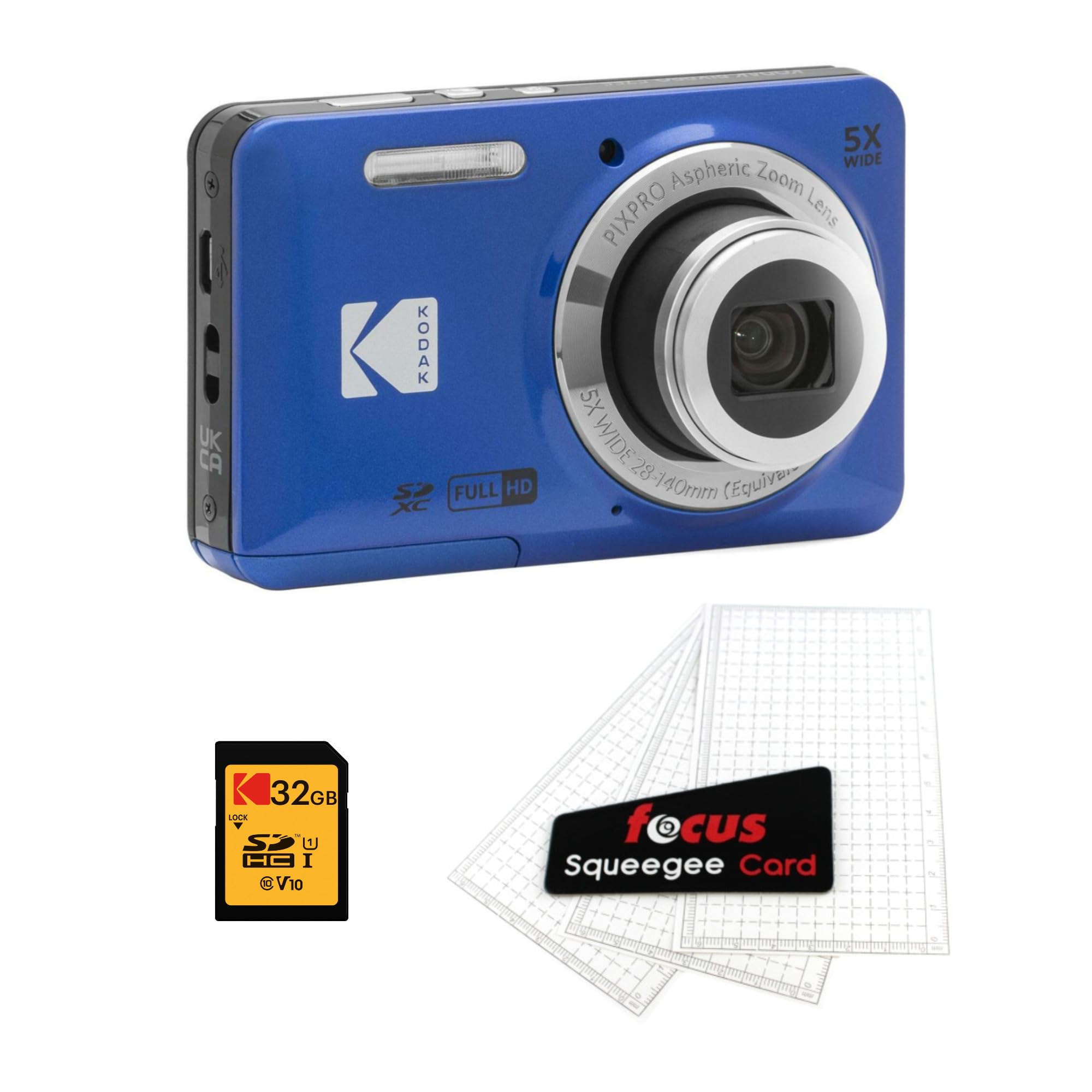Kodak PIXPRO Friendly Zoom FZ55 Digital Camera (Blue) Bundle with 32GB Memory Card and Digital Camera LCD Screen Protectors (3 I