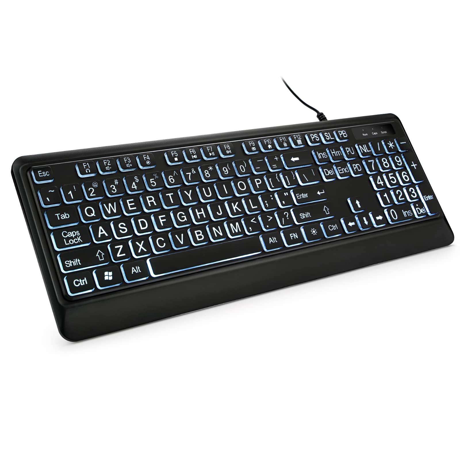 Kopjippom Large Print Backlit Keyboard, Quiet Usb Wired Computer Keyboard, Full Size Keyboard With White Illuminated Led Compati