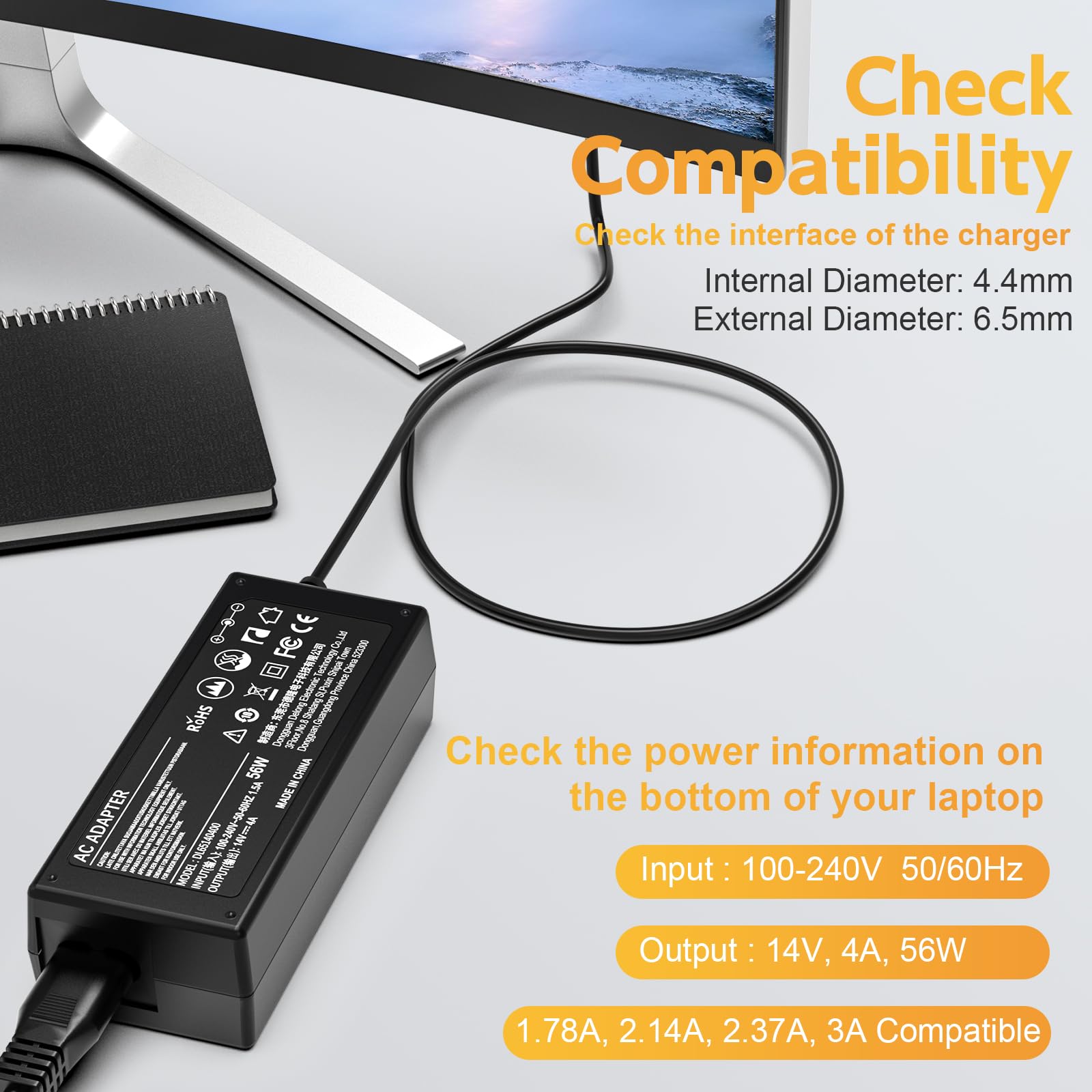 ROLADA 14V 4A Power Cord for Samsung Monitors S22C300H S23C350H S24D590PL 32 27 24 22