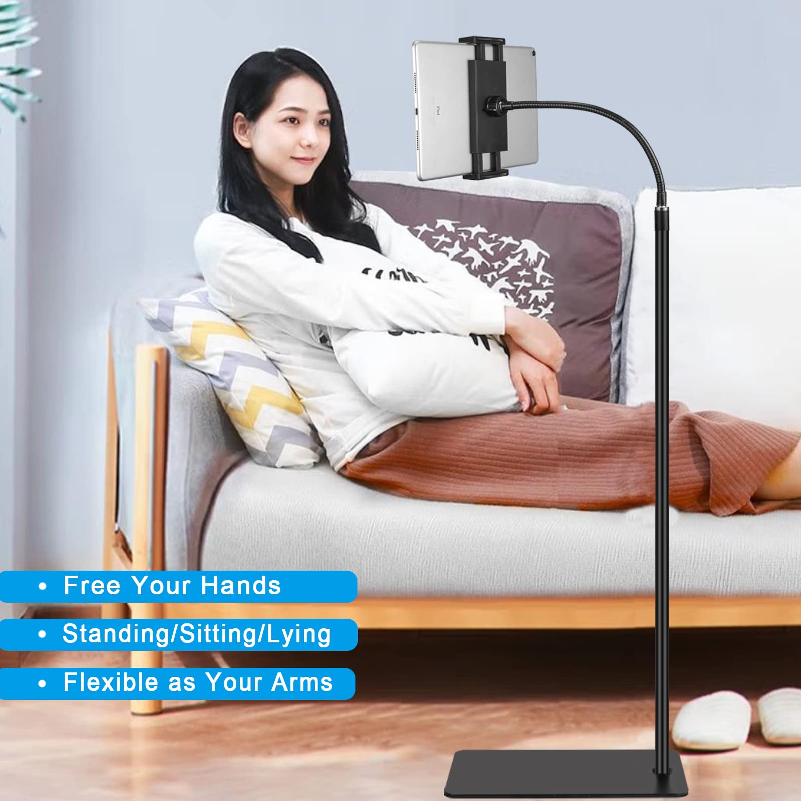 Lucky Trip Tablet Floor Stand,360 Degree Rotatable Metal Tablet Holder With Flexible Gooseneck Holder Long Arm, Compatible With