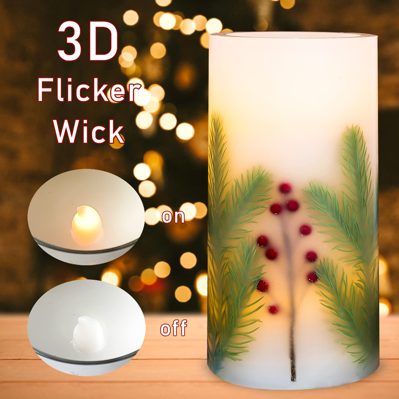 Flavcharm Led Candle 4 Inch By 8 Inch Embedded Pine Needle With Red Berry Handmade Craft Decorative Pillar Flickering Candle Bat