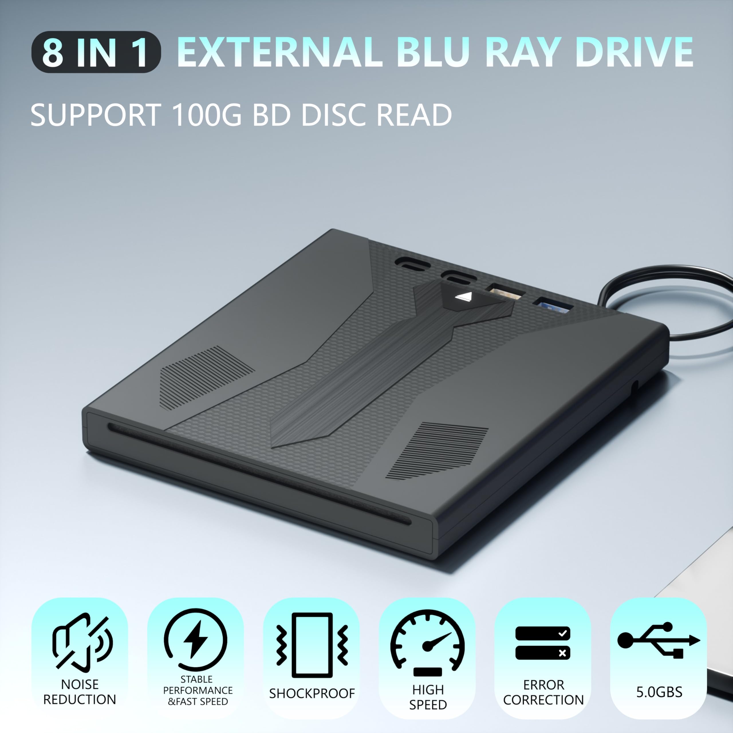 Wbacon 8-in-1 External Blu-Ray DVD CD Burner Player USB 3.0 Type-C Hub Portable Plastic