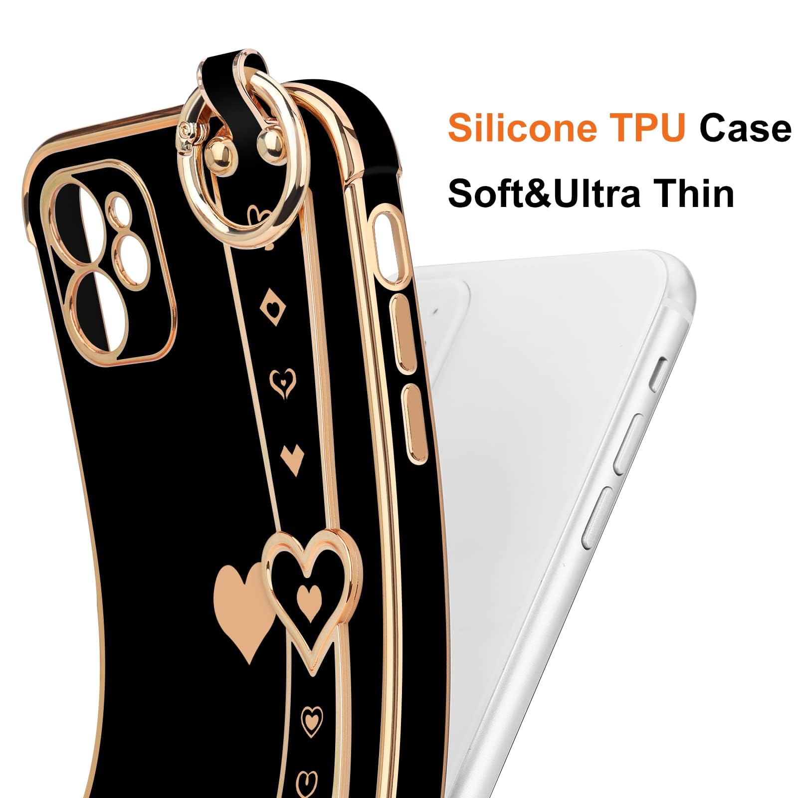 Llz.Coque For Iphone 11 Case Cute Love Heart Plating Strap Phone Cover For Women Girlss Bling Soft Silicone Camera Lens Protecti