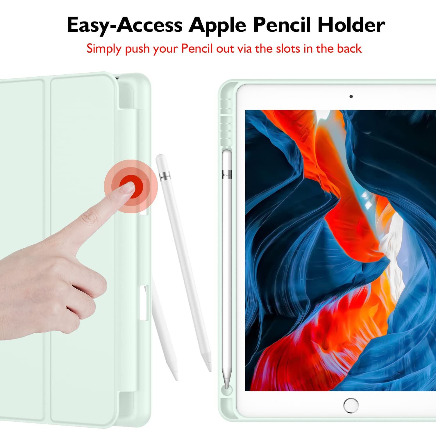 Imieet Ipad Case 2021/2020/2019 10.2 Inch, Soft Silicone Back, Pencil Holder, Auto Wake/Sleep Cover (Pale Green)