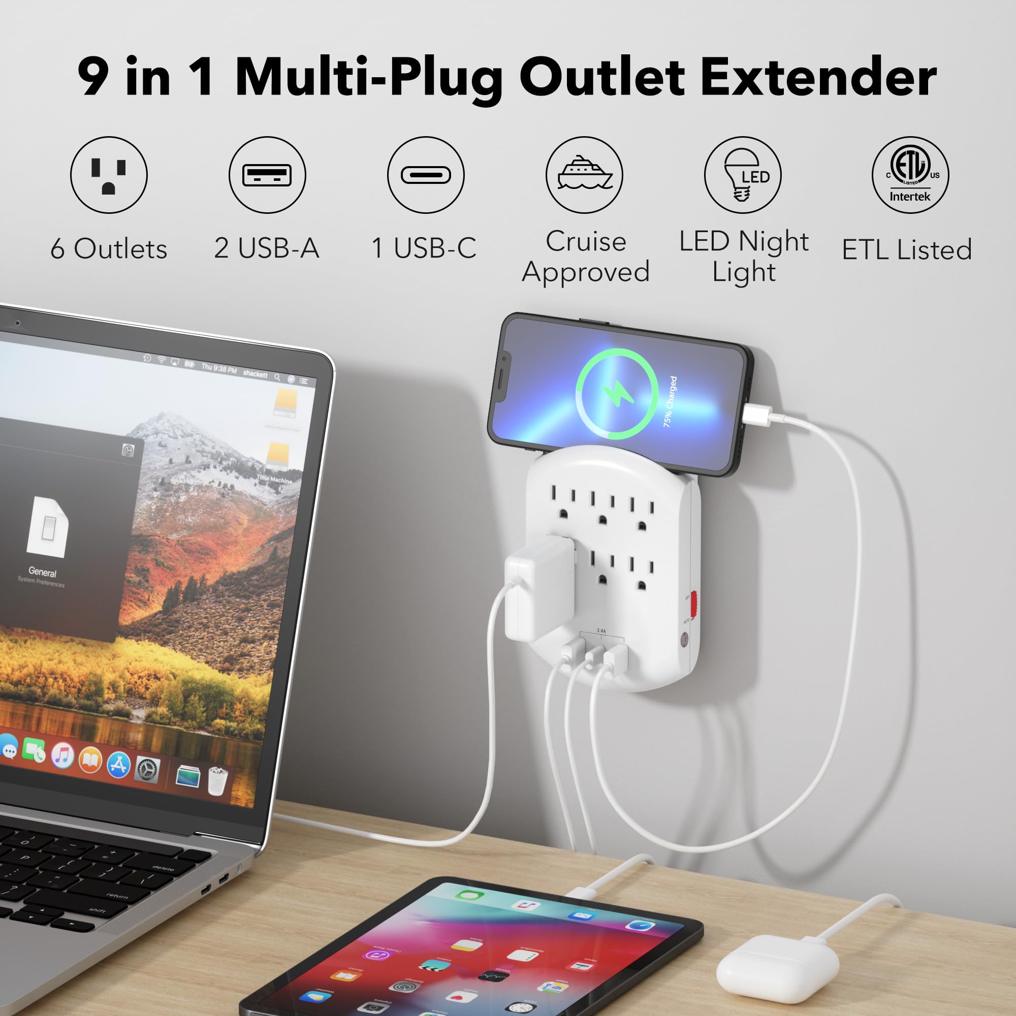 Bn Link Outlet Extender, Multi Plug Outlets With 6 Outlets 3 Usb Ports (3.4A Total), Dusk To Dawn Sensor Night Light, Outlet Spl