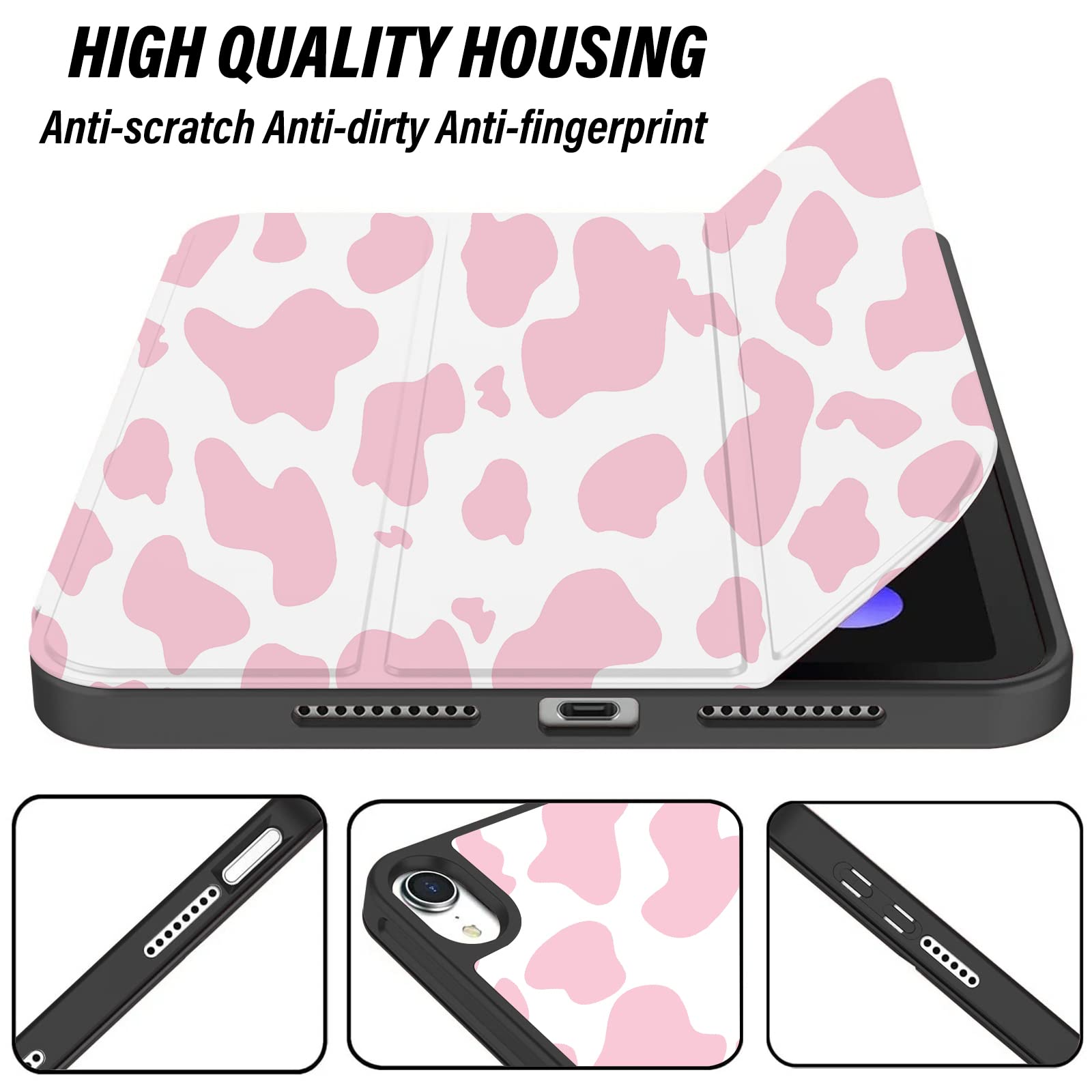 Deokke Ipad Mini 7/6 Case   8.3 Inch, Auto Sleep/Wake, Pencil Holder, Soft Back, Cute Pink Cow