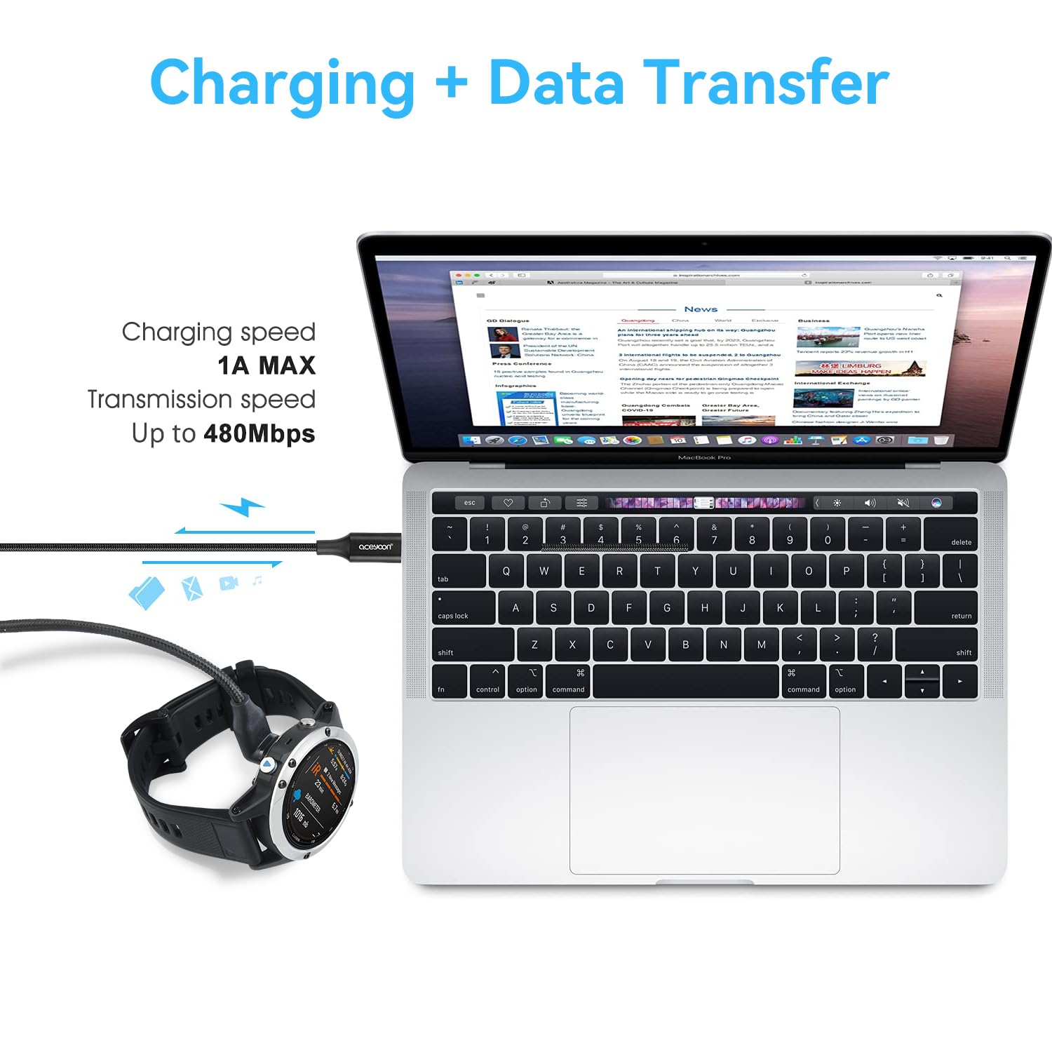 aceyoon 2 Pack 3.3FT Right Angle Charger Cable for Garmin Fenix 7/6/5/X/S, Forerunner 245/945, Instinct 2, Vivo