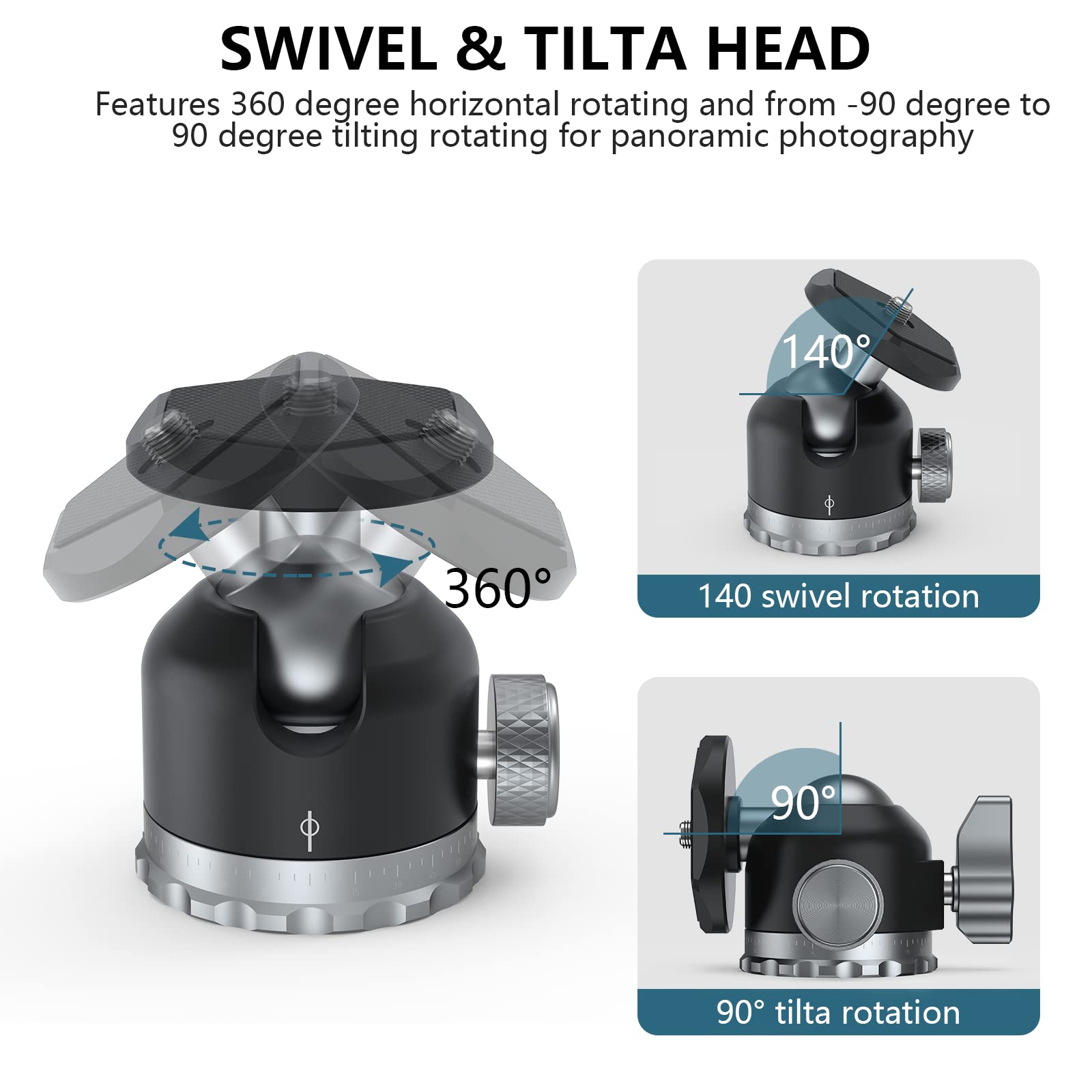 Poyinco Tripod Ball Head 360 Degree Rotating Panoramic Ballhead With 1/4 Inch Screw 3/8' Thread Mount, Max Load Up To 5 Kg/ 11Lb,For Monopod, Dslr, Phone, Gopro