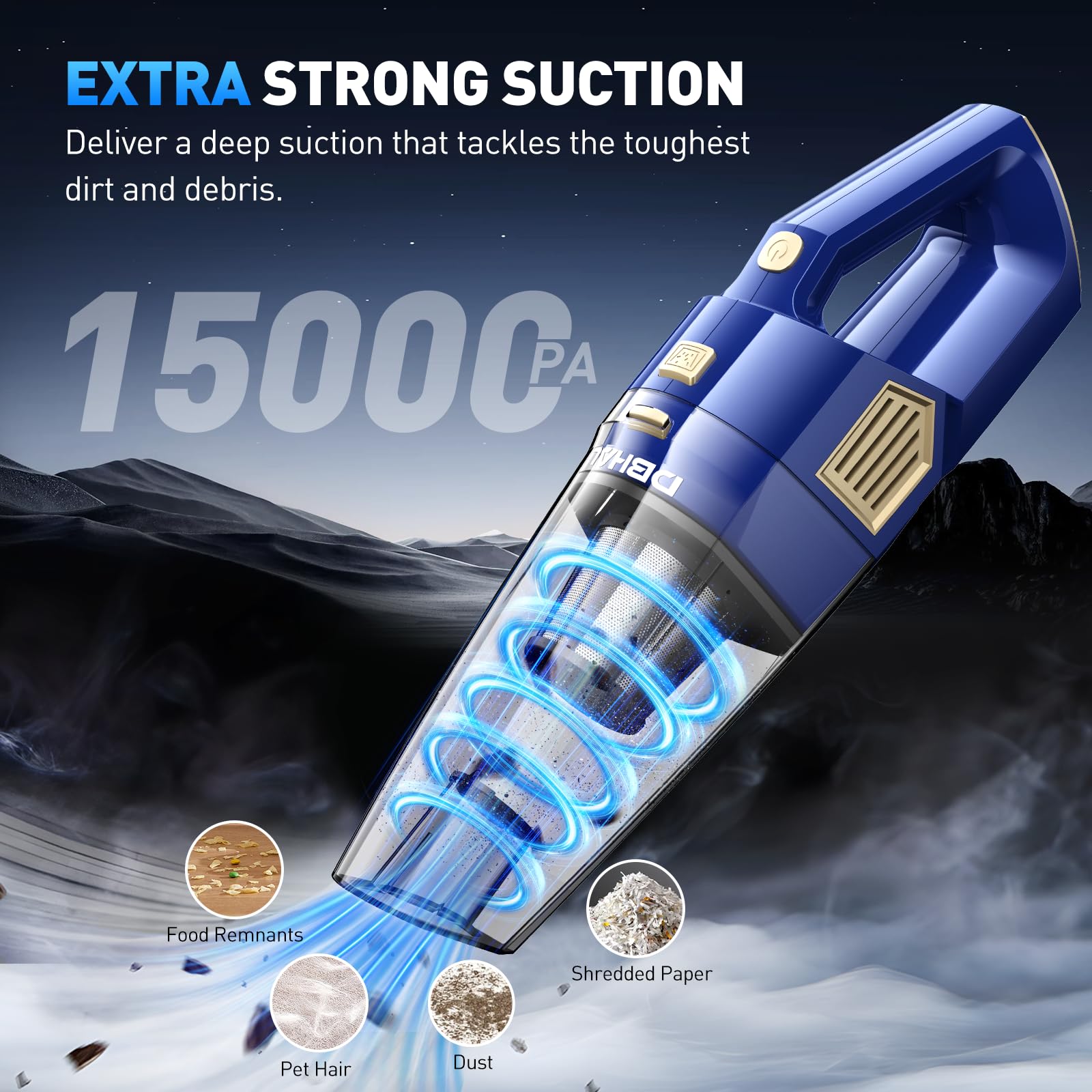 Dbhal Handheld Car Vacuum Portable Cordless, 15000Pa Powerful Suction Car Vacuum Cleaner Lightweight With Multi Accessories, Han