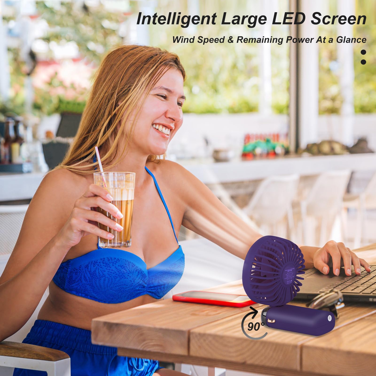 Portable Handheld Fan, Type C Rechargeable, 4000Mah Battery Operated Fan With Led Display, 90 Foldable , 5 Speed Wind,Handheld/N