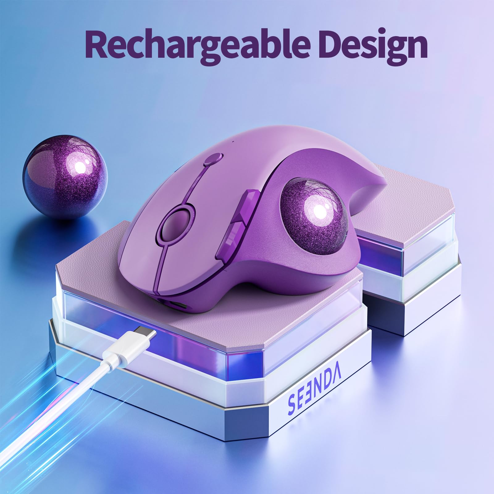 Seenda Wireless Trackball Mouse, Ergonomic Bluetooth Rollerball   Multi Device Thumb Control, Compatible For Mac, Android, Windows   Purple