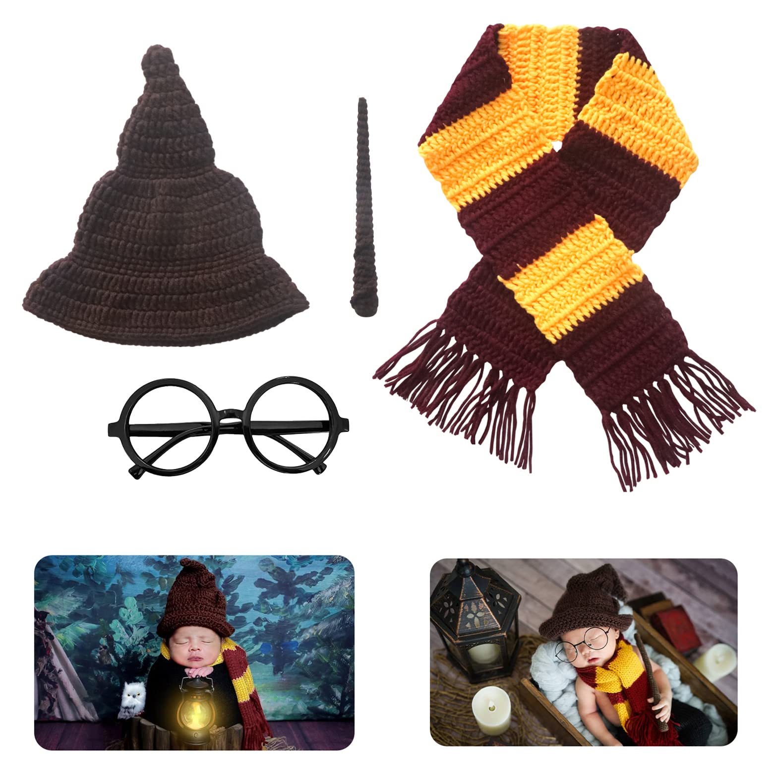 Newborn Photography Props Halloween Wizard Witch Hat Scarf Wand Glasses Frame 4 Pcs Set Crochet Baby Photo Prop Halloween Baby P