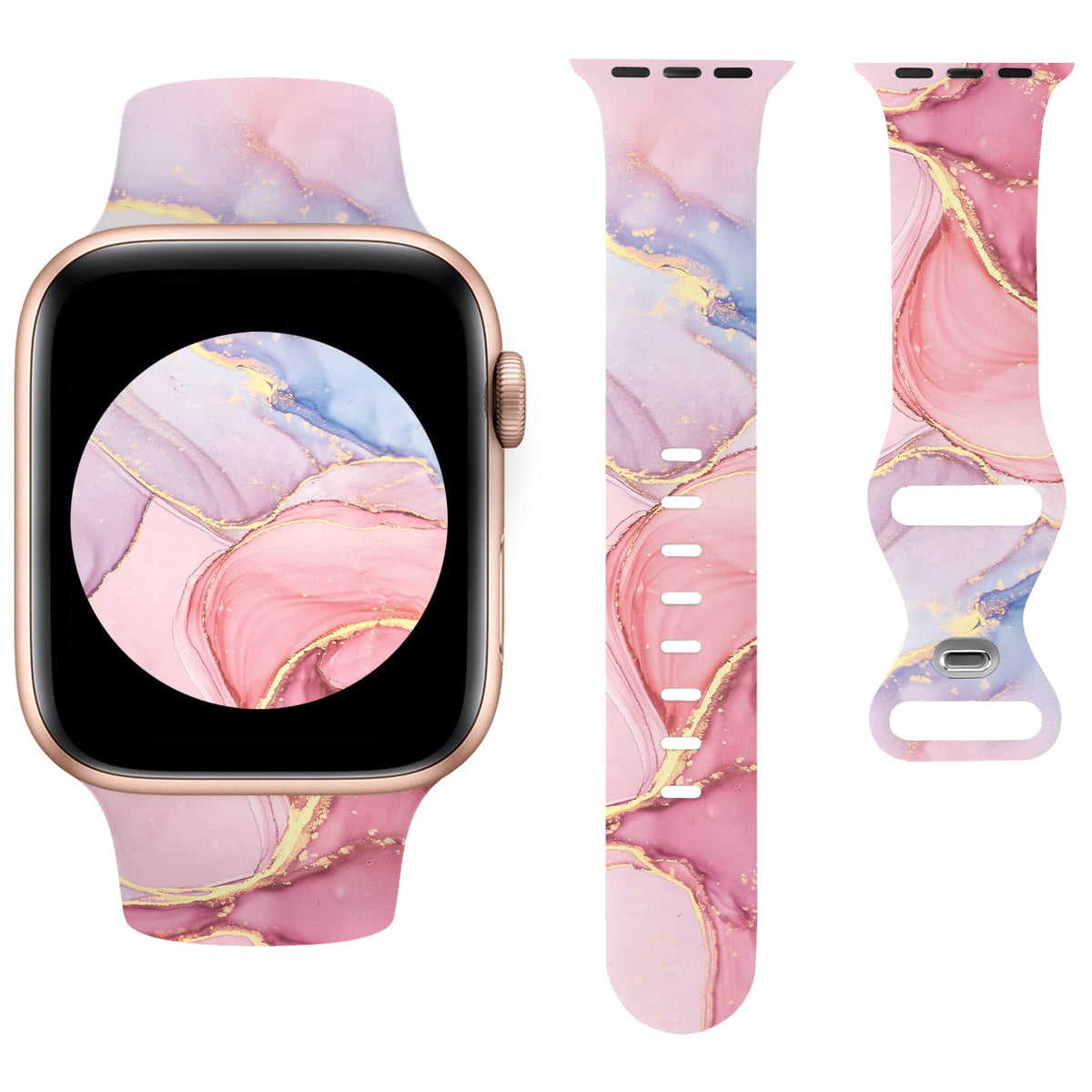 Sport Bands Compatible With Apple Watch Band 42Mm 44Mm 45Mm Women Girls, Rose Gold Pink Marble Design Watch Band Cute Silicone W