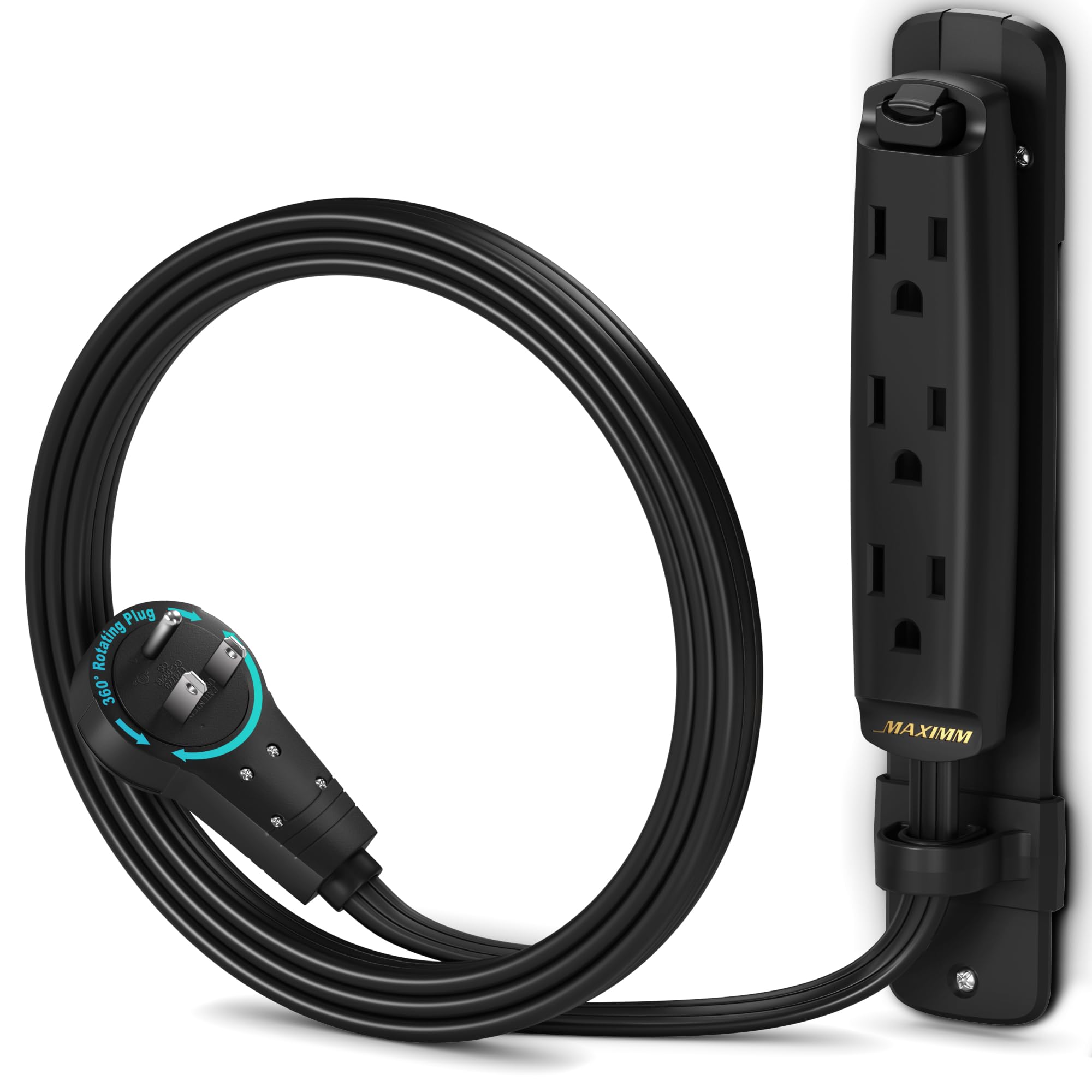 Maximm 360 Degree Rotating Flat Extension Cord 3 Ft Multi 3 Outlet Power Cord With Mounting Bracket, Grounded 16 Awg Ul Certifie