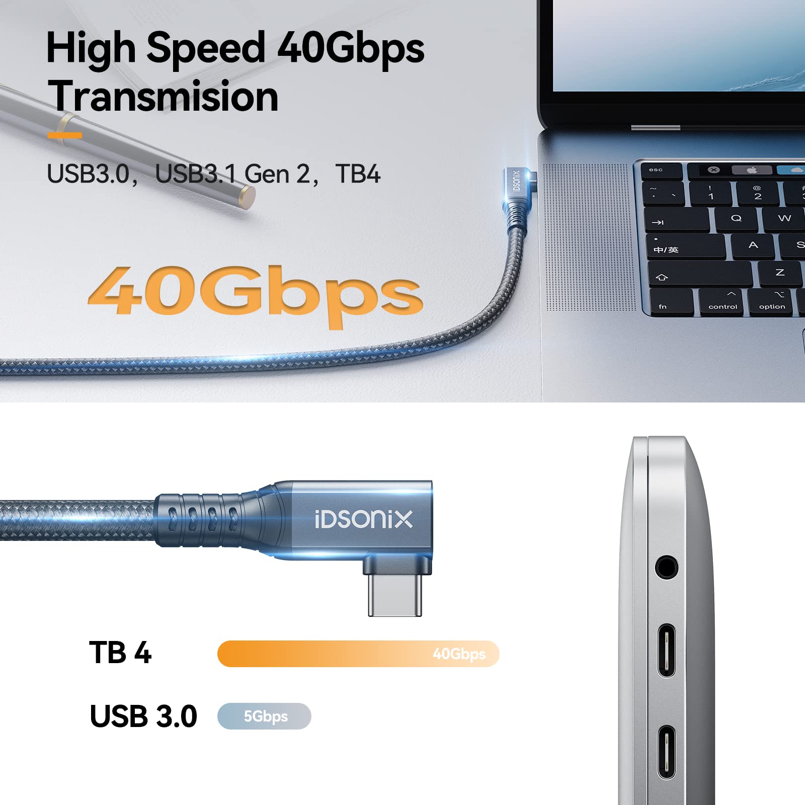 Idsonix Usb 4 Cable[Usb If Certification] Compatible Thunderbolt 4 Cable 90 Degree 6.6Ft With 40Gbps Data Transfer, 8K@60Hz/Dual