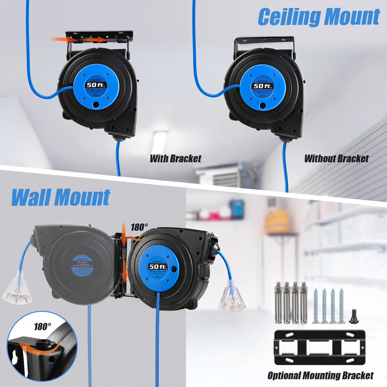 Suraielec Retractable Extension Cord Reel, 50 Ft 14 Awg/3C Sjtow Power Cord, 3 Outlets Triple Tap, 13 Amp Circuit Breaker, Ceili