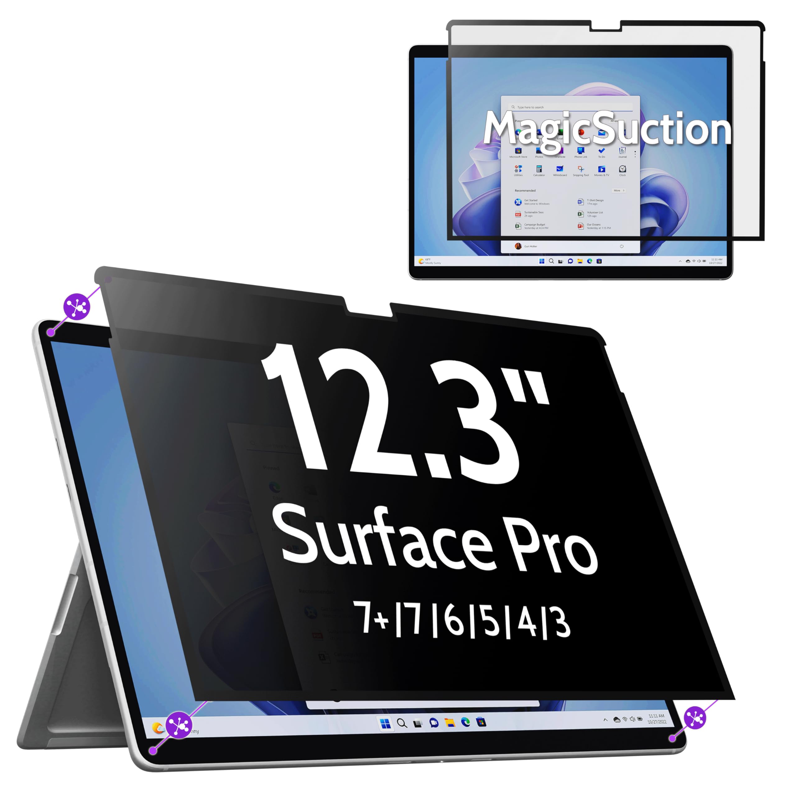 Peslv Privacy Screen For 12.3 Inch Surface Pro 7+/7/6/5/4/3, Magicsuction Removable Anti Spy Black Protector, Glare Blue Light F
