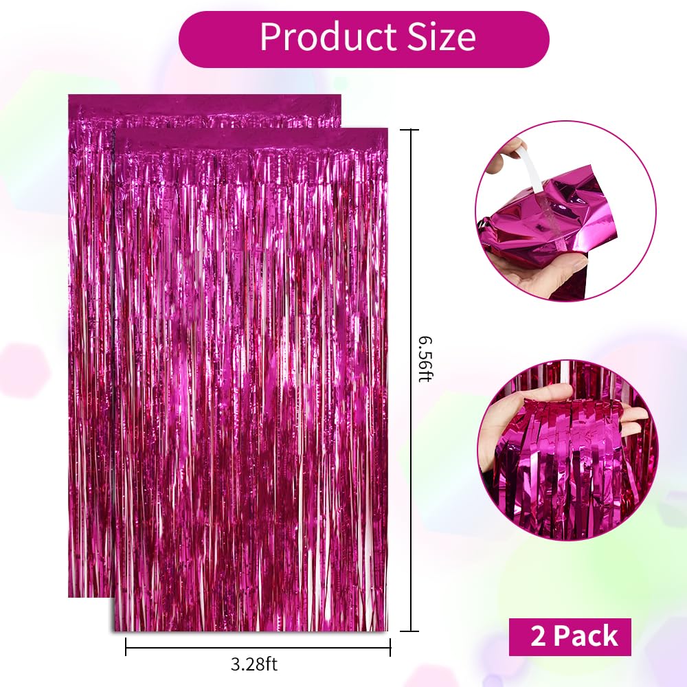 Beishida 2 Pcs Hot Pink Backdrop Pink Door Streamers Tinsel Curtains Streamers Party Decoration Foil Fringe Backdrop Wall Backgr