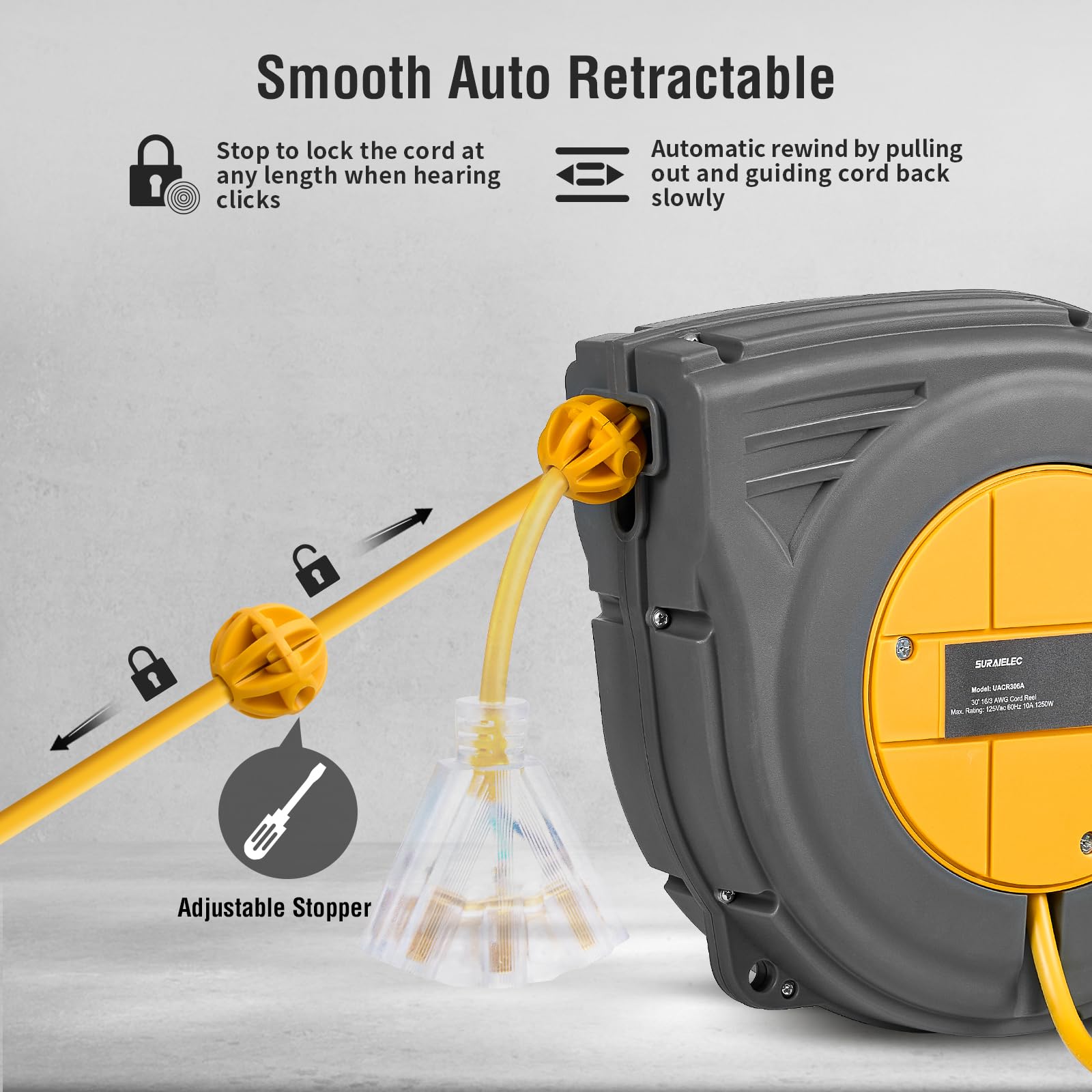Suraielec 30 Ft Retractable Extension Cord Reel, 16Awg/3C Sjtw Power Cord Reel, 3 Electrical Outlets Triple Tap, 10A Circuit Bre