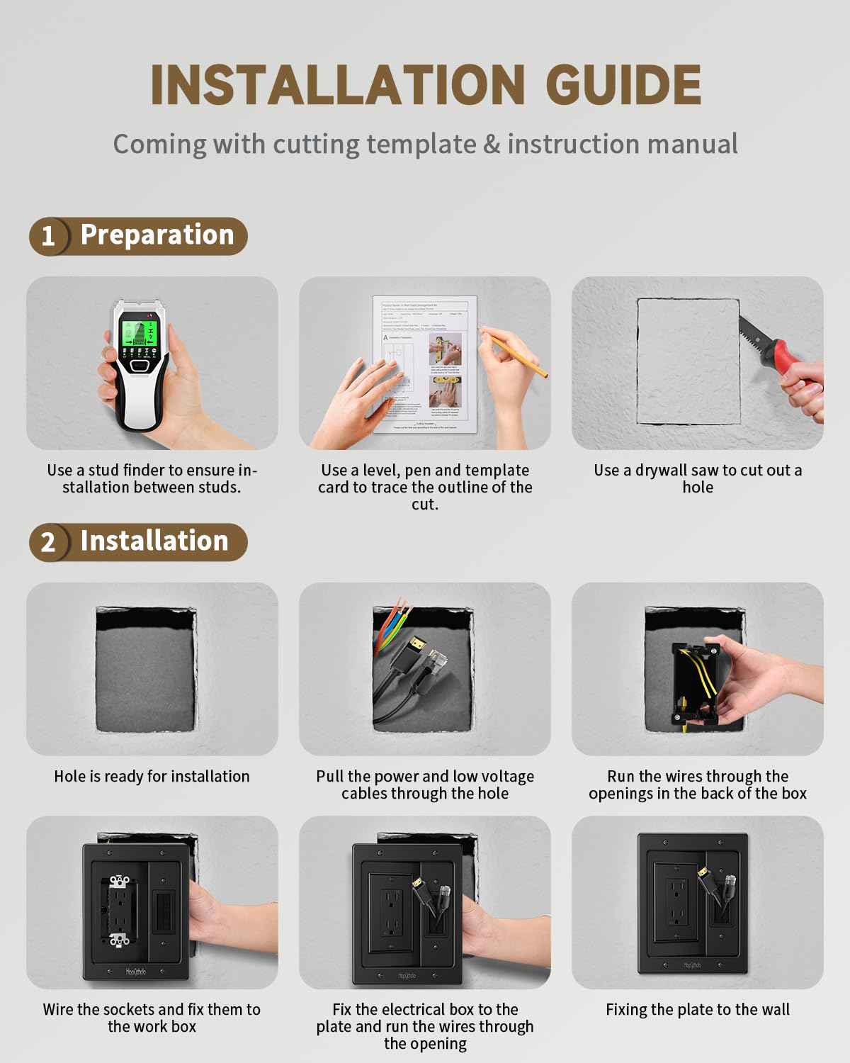 HAPYTHDA In Wall Cable Management Kit Recessed Outlet for TV Power Brush Plate Plastic Black