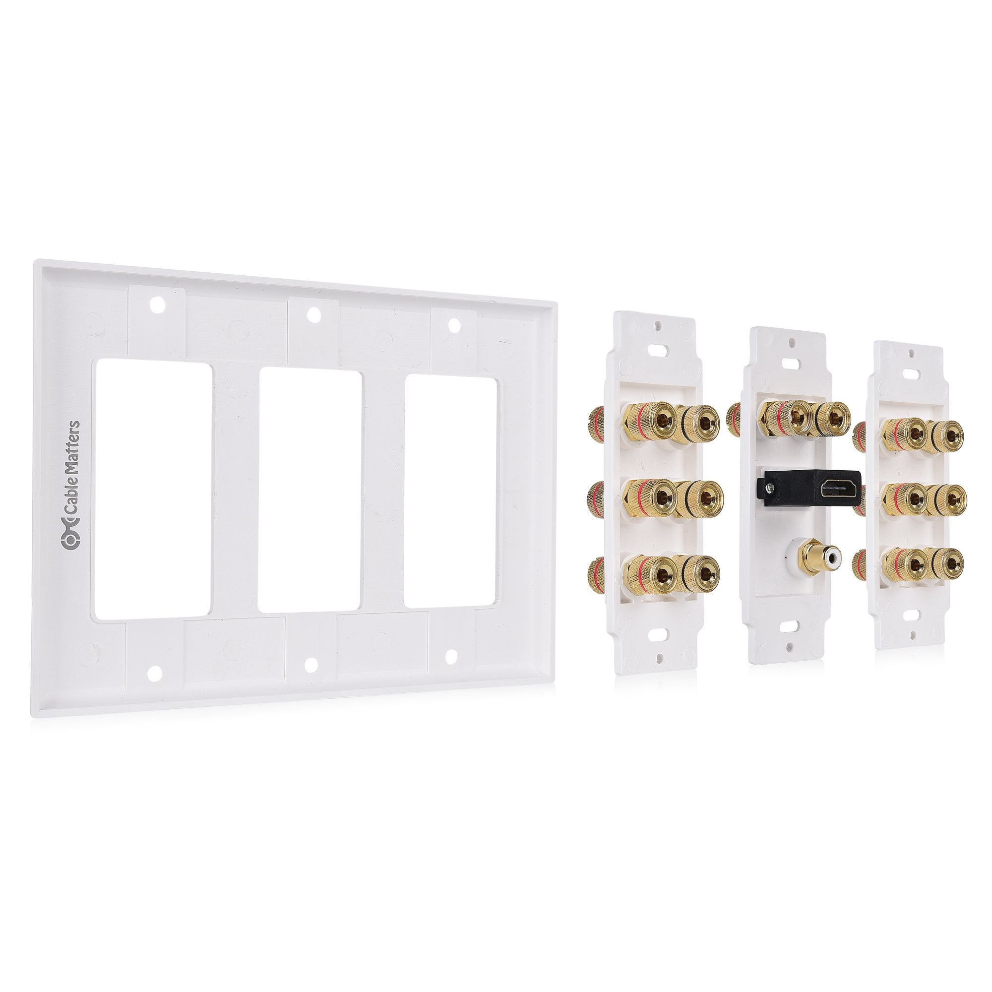 Cable Matters Triple Gang 7.1 Speaker Wall Plate With Hdmi (Home Theater Wall Plate, Banana Plug Wall Plate) In White