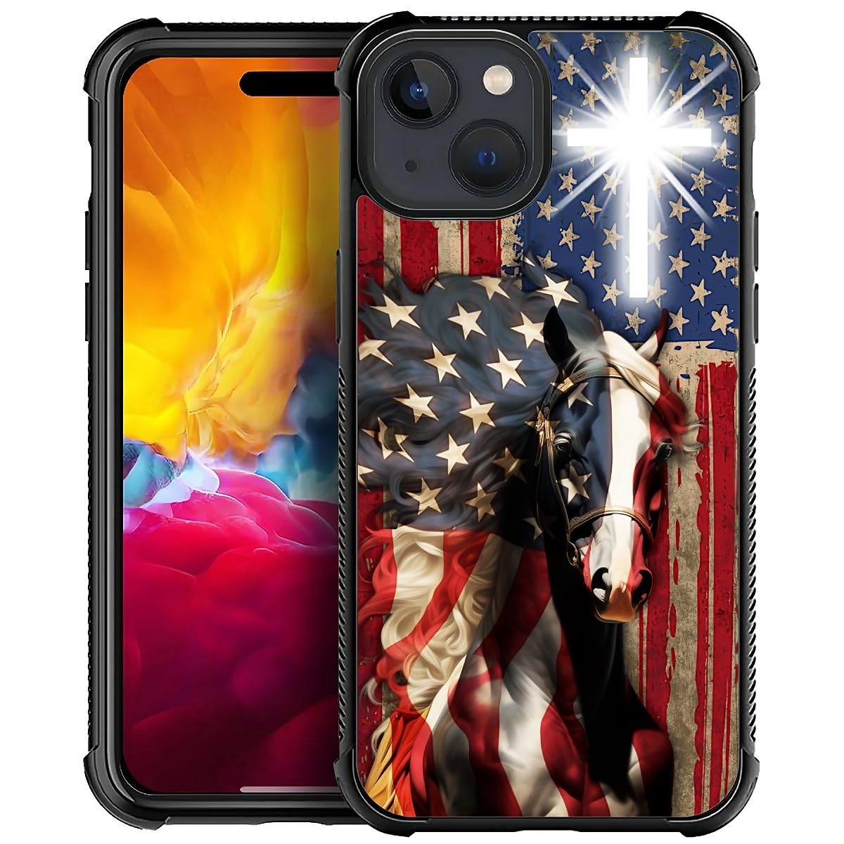 Fkbrcl4U For Iphone 15 Plus Case, Red American Flag Horse Cross Pattern Made Of Soft Silicone Hard Acrylic Shock Protection For 