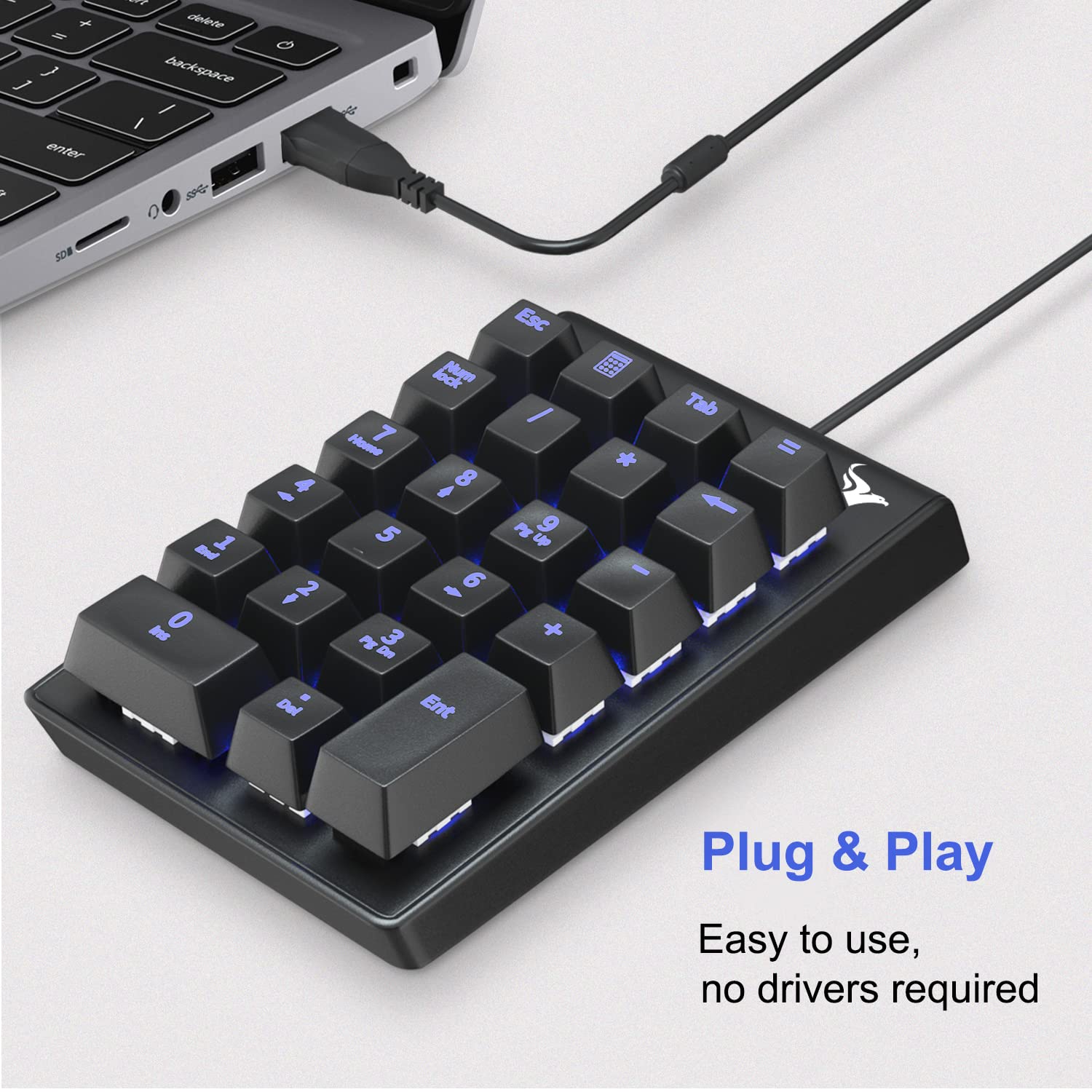 Rottay Number Pad, Mechanical Usb Wired Numeric Keypad With Blue Led Backlit 22 Key Numpad For Laptop Desktop Computer Pc Black