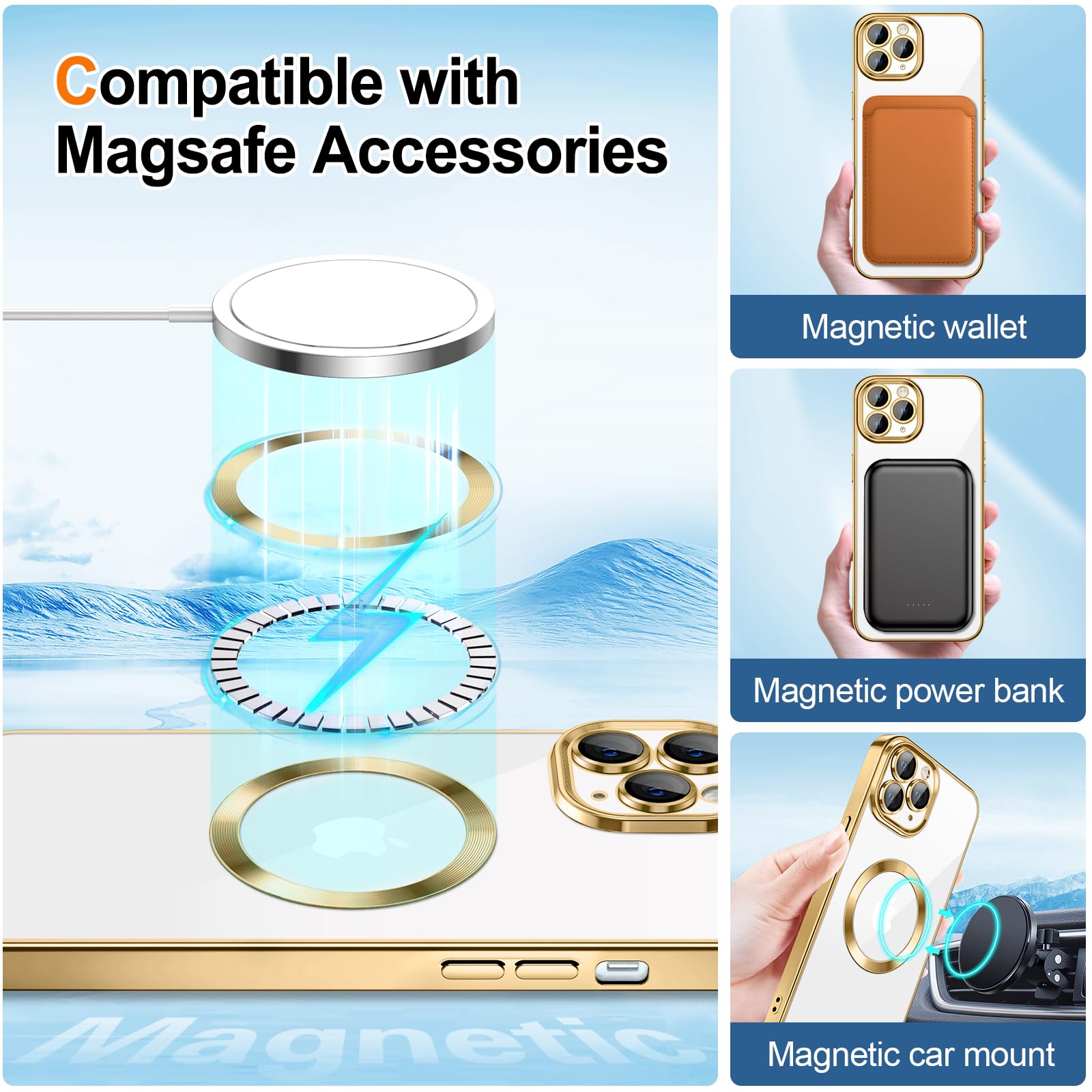 Hython For Iphone 11 Pro Max Case Clear Magnetic Glitter Phone Cases [Compatible With Magsafe] Full Camera Lens Protector Slim G