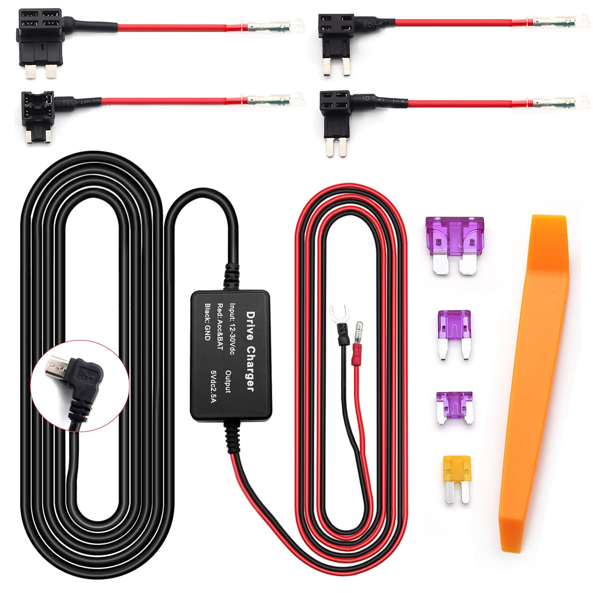 Aienxn Dash Cam Hardwire Kit,12Ft Micro Usb Hardwiring Kit Fuse For Dashcam,Car Charger 12V 24V To 5V Camera Charger Power Cord,