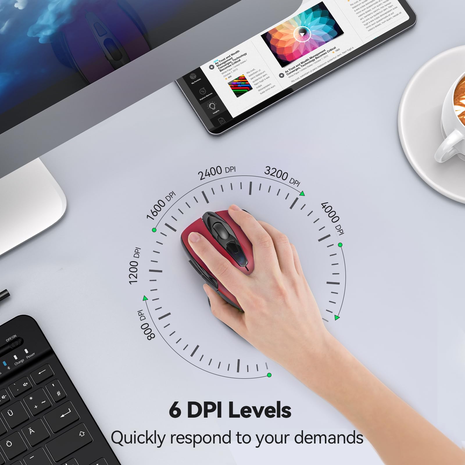 Tecknet Wireless Silent Mouse, Quiet Click, 2.4G Optical Computer Mouse, 6 Adjustable 4000 Dpi, Cordless Usb Mouse For Laptop, Chromebook   Red