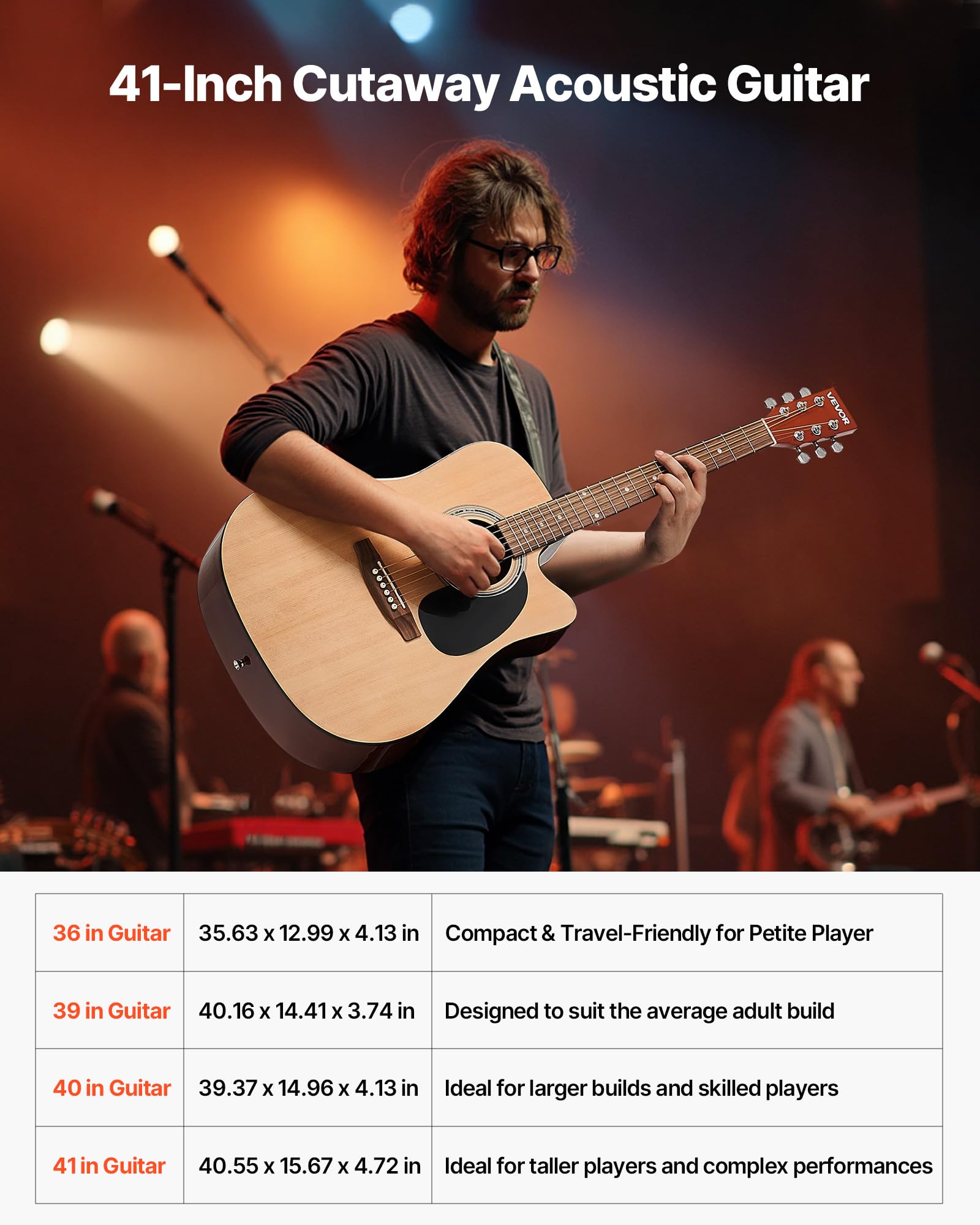 Vevor Cutway Acoustic Guitar, 41 In, 6-String, Natural Solid Spruce Top Guitar, Beginner Bundle With Gig Bag, Tuner, Strap, Stee